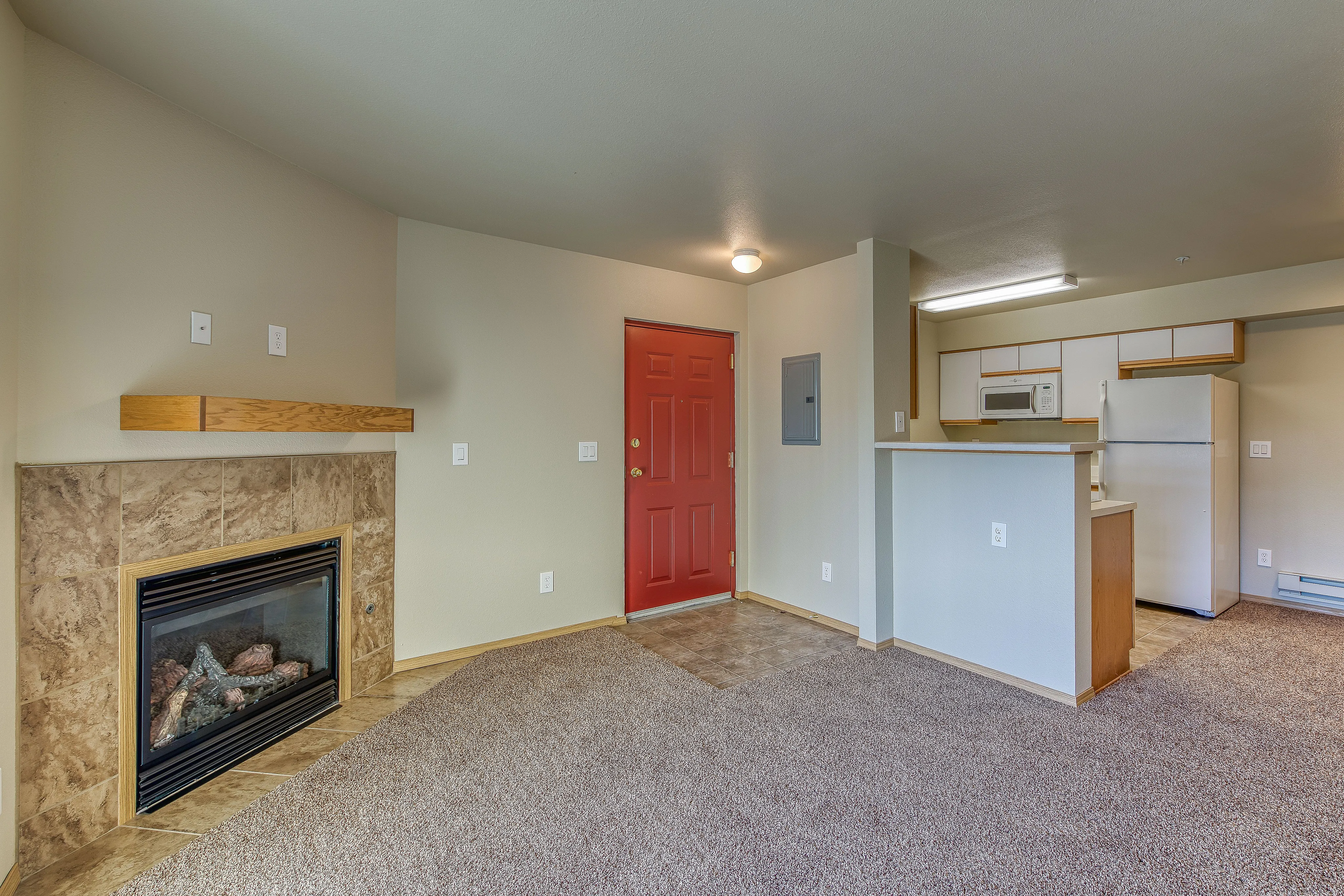Cozy apartment interior showcasing an inviting fireplace, modern kitchen with white appliances, and plush carpeted living area.