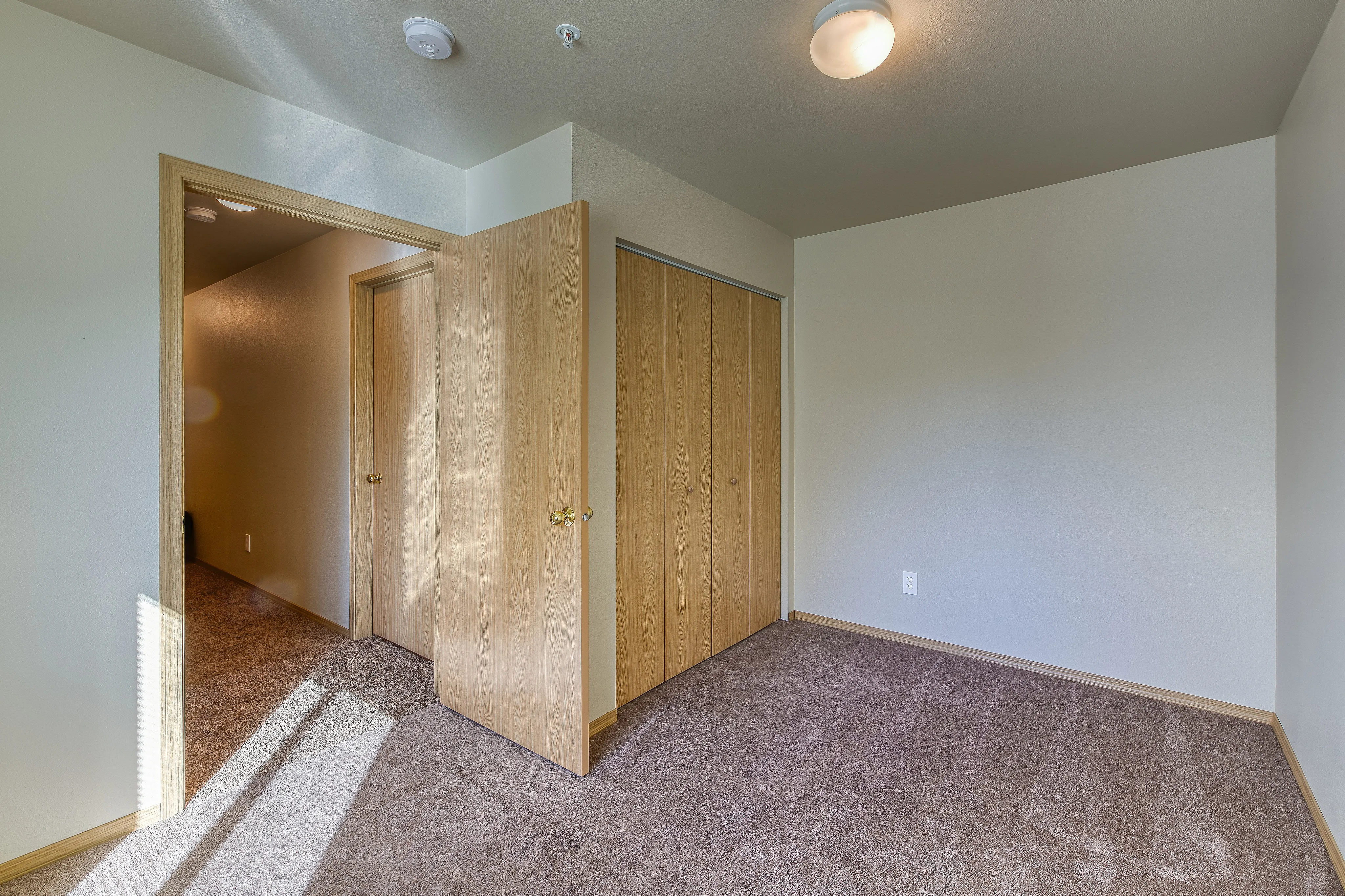 Cozy bedroom with plush carpet, ample natural light, and wooden closet doors, offering a warm and inviting atmosphere.