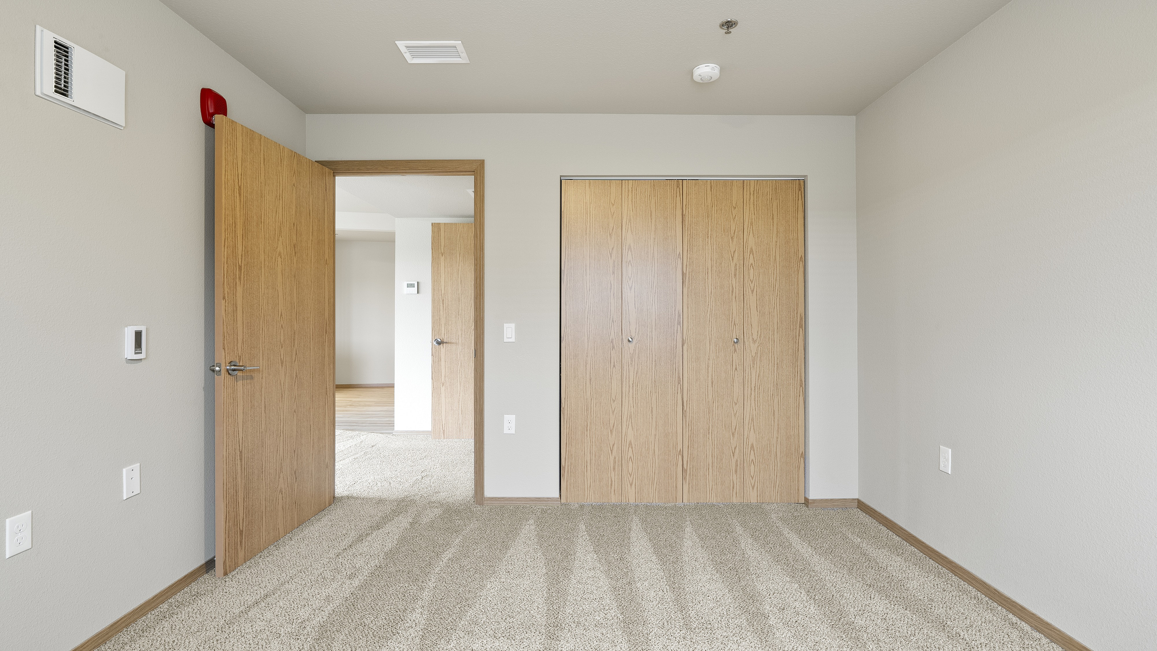 Bright room with plush carpet, wooden doors, and sleek finishes offering a warm and inviting atmosphere.