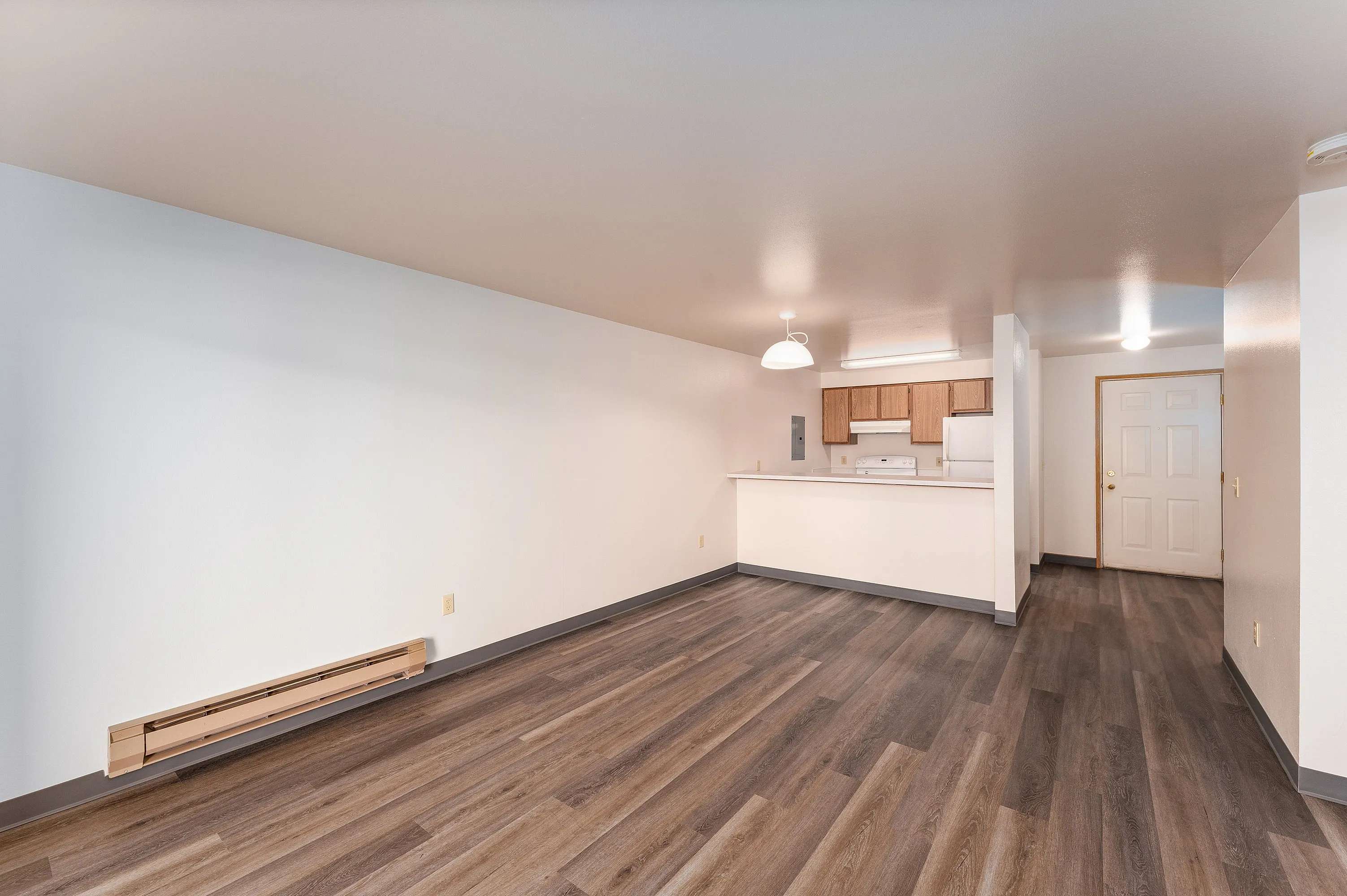Modern open-concept living area with sleek wood flooring and a cozy kitchen featuring wooden cabinetry and appliances.