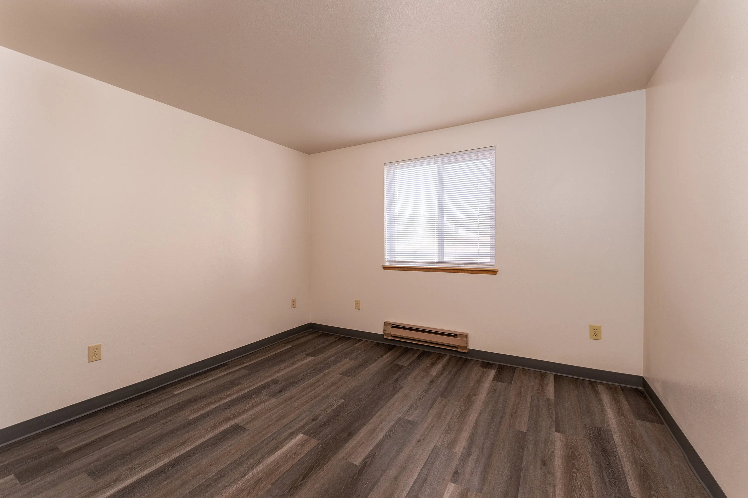 Bright room with elegant wood flooring, sleek baseboard heating, and large window filling the space with natural light.