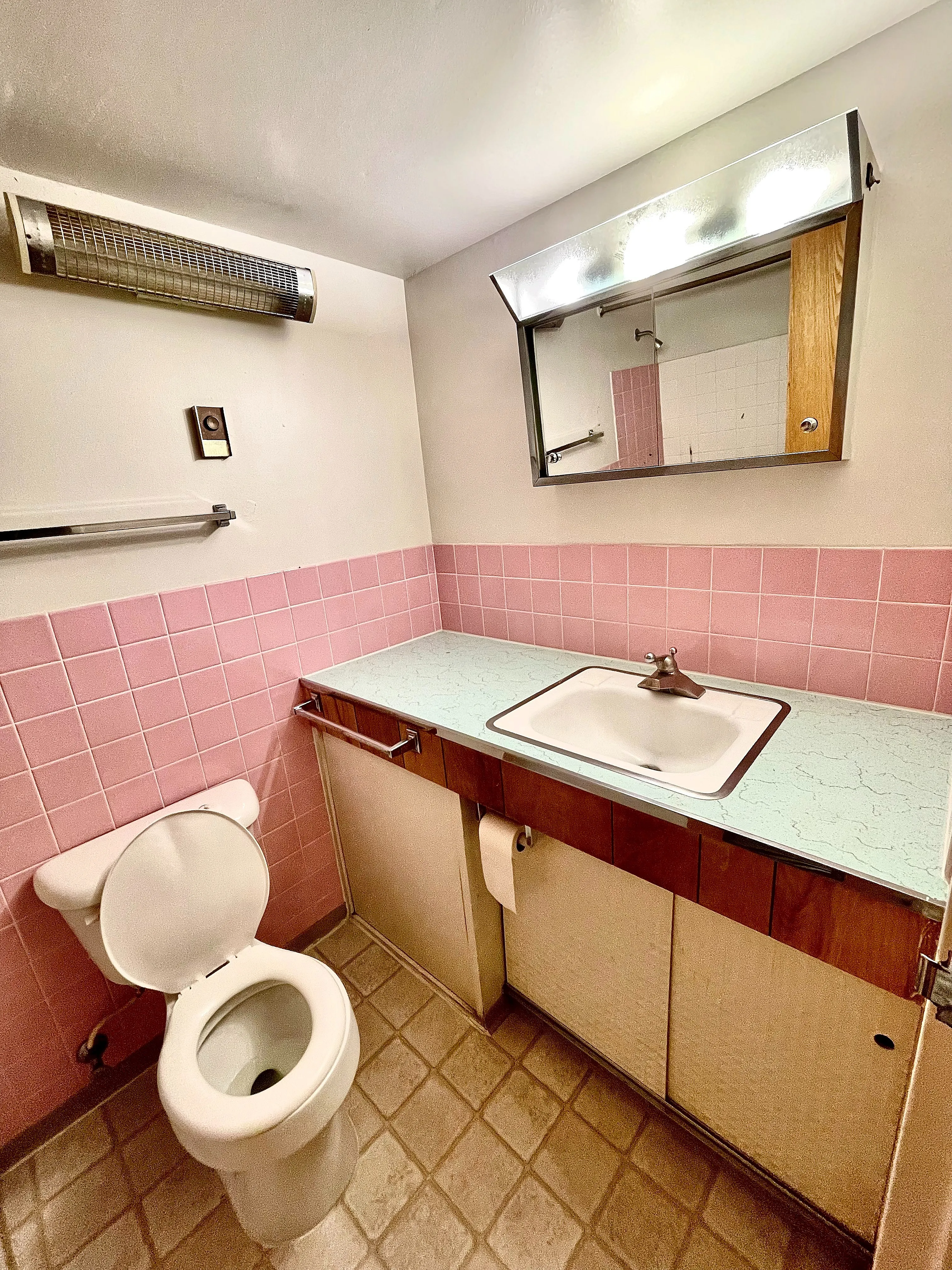 Charming bathroom with retro pink tiles, modern vanity, and ample lighting, offering a cozy and stylish ambiance.
