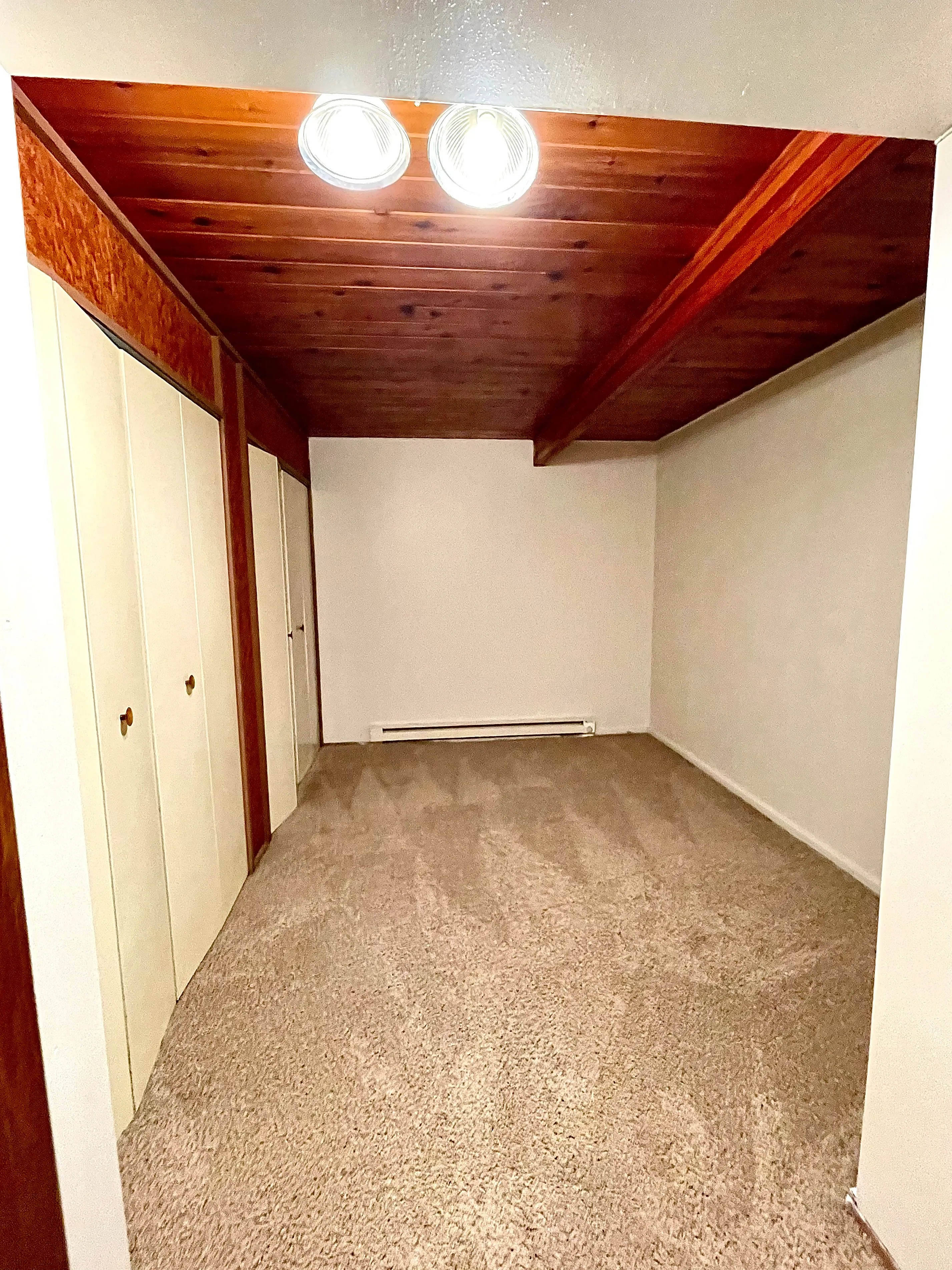 Cozy room with soft carpet flooring and elegant wood-paneled ceiling, featuring built-in closets for ample storage.