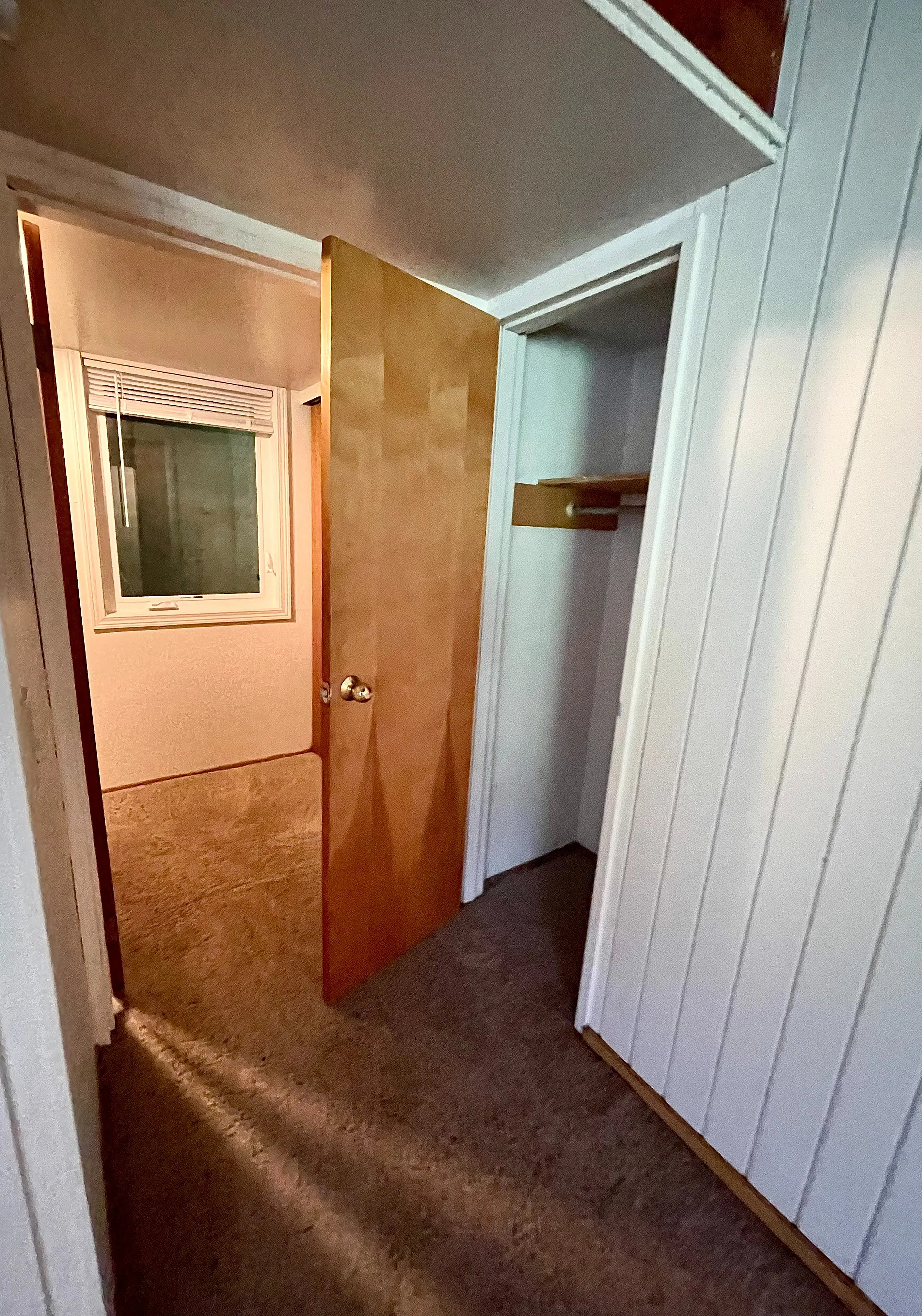 Cozy apartment hallway featuring a wooden door, built-in closet space, and carpeted floors, illuminated by soft natural light.