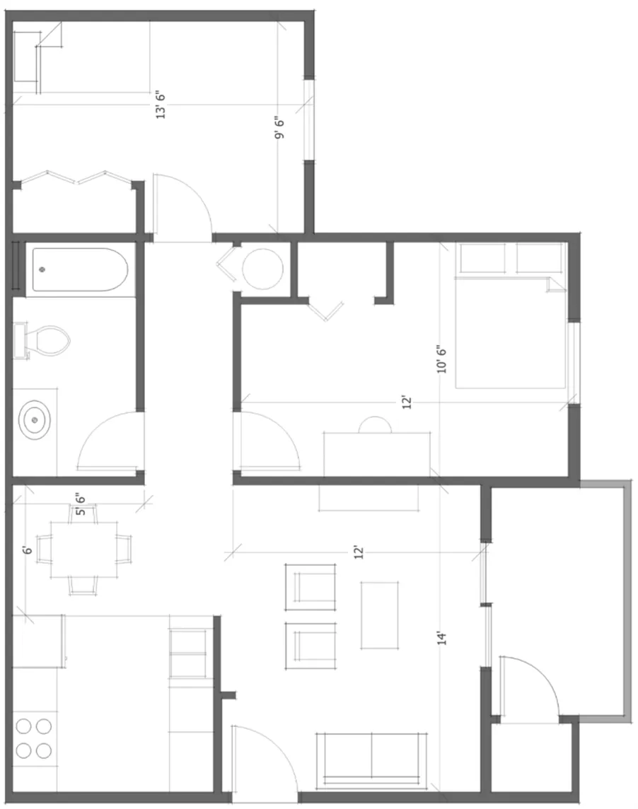 Modern 2D floor plan showcasing 2 bedrooms, a bathroom, cozy living area, and a well-equipped kitchen. Efficient layout for optimal living space.
