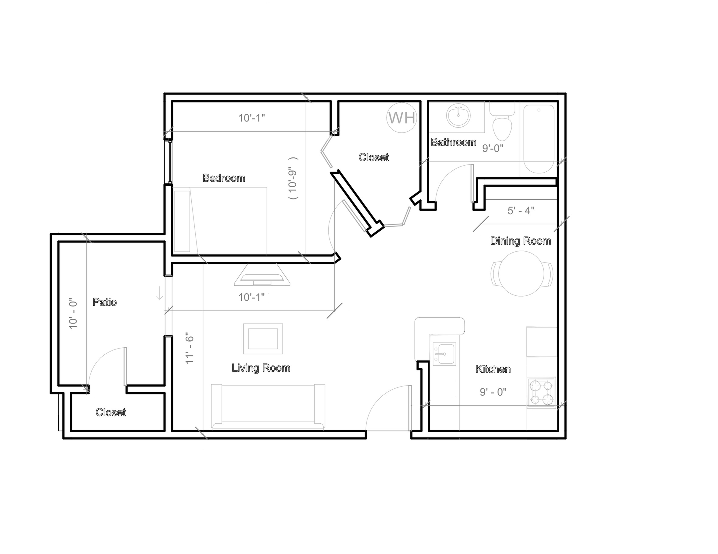 Modern floor plan showcasing a cozy 1-bedroom apartment with spacious living room, dining area, kitchen, bathroom, and private patio.