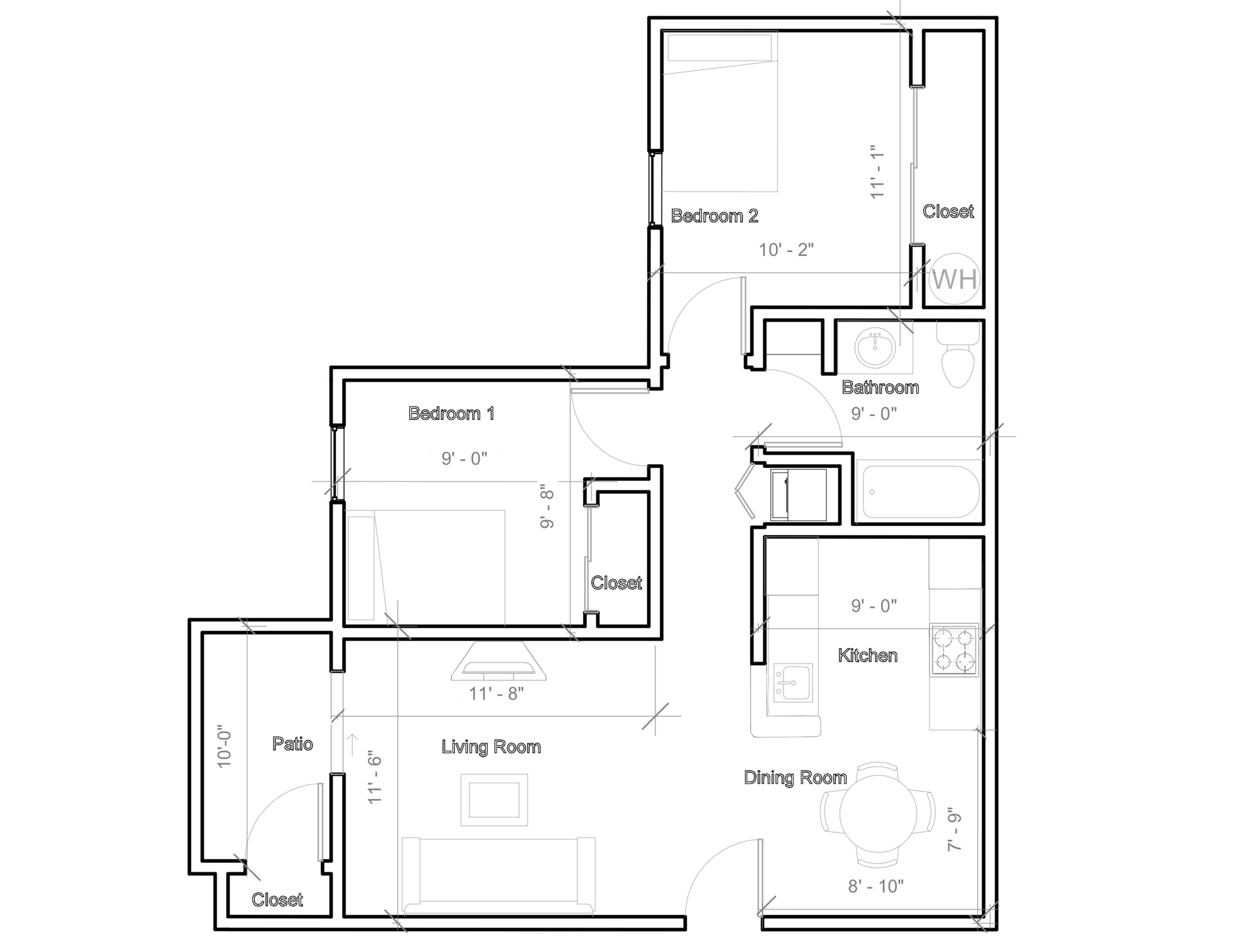 Charming floor plan featuring 2 bedrooms, a cozy living room with patio access, modern kitchen, and inviting dining area.