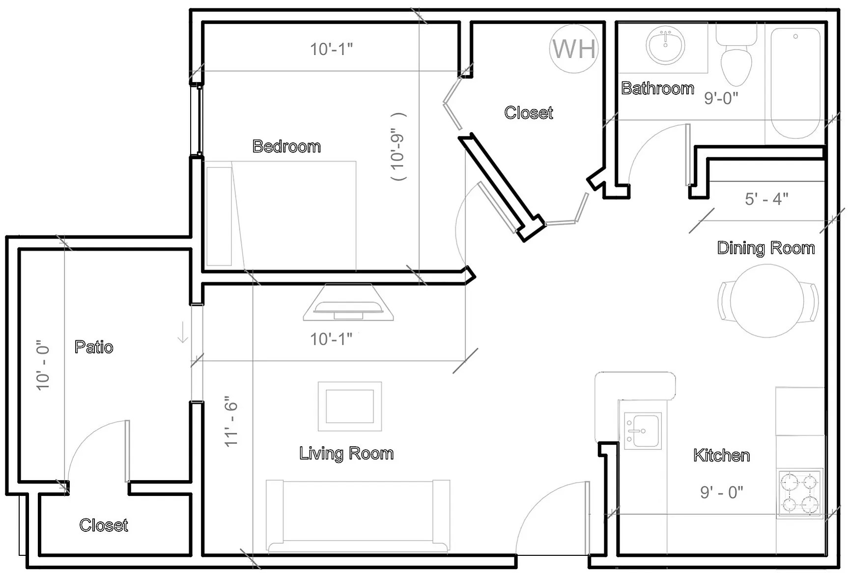 Modern floor plan featuring a spacious bedroom, cozy living room with patio access, functional kitchen, dining area, and a convenient bathroom layout.