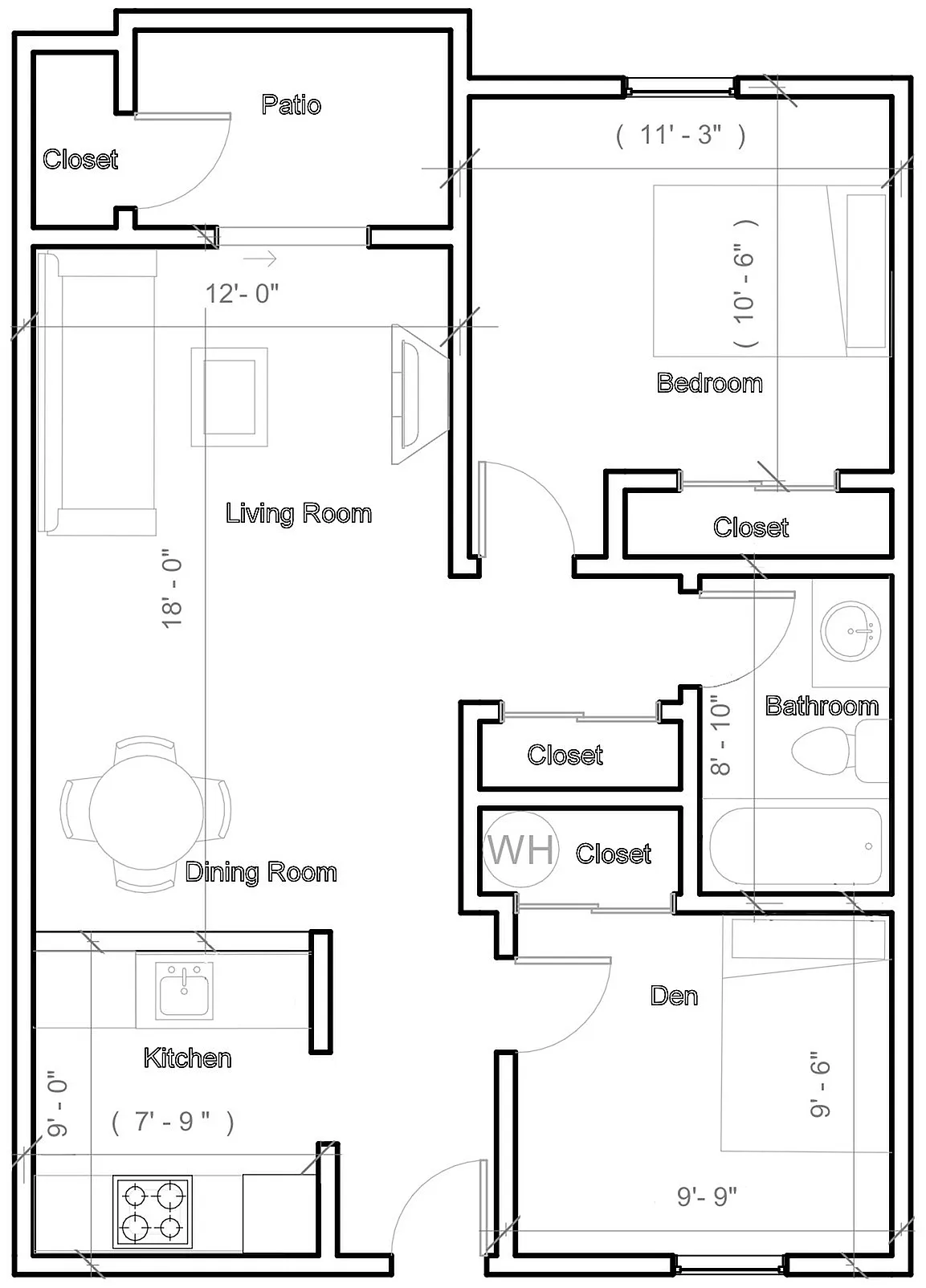 Modern floor plan highlighting a single bedroom with ample closets, cozy den, open living and dining area, efficient kitchen, and inviting patio.