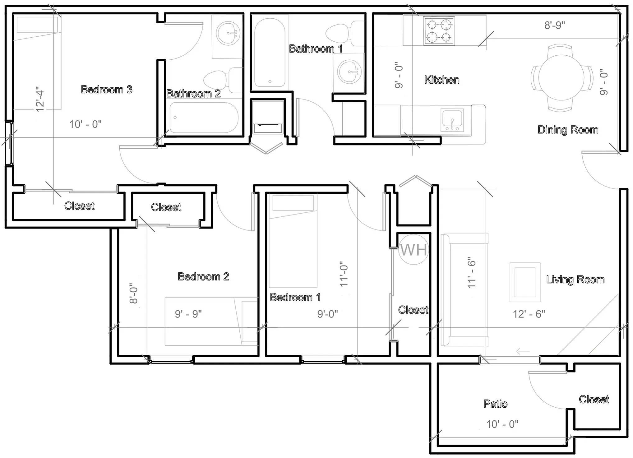 Elegant floor plan with 3 bedrooms, 2 bathrooms, open kitchen, dining area, inviting living room, and a cozy patio.