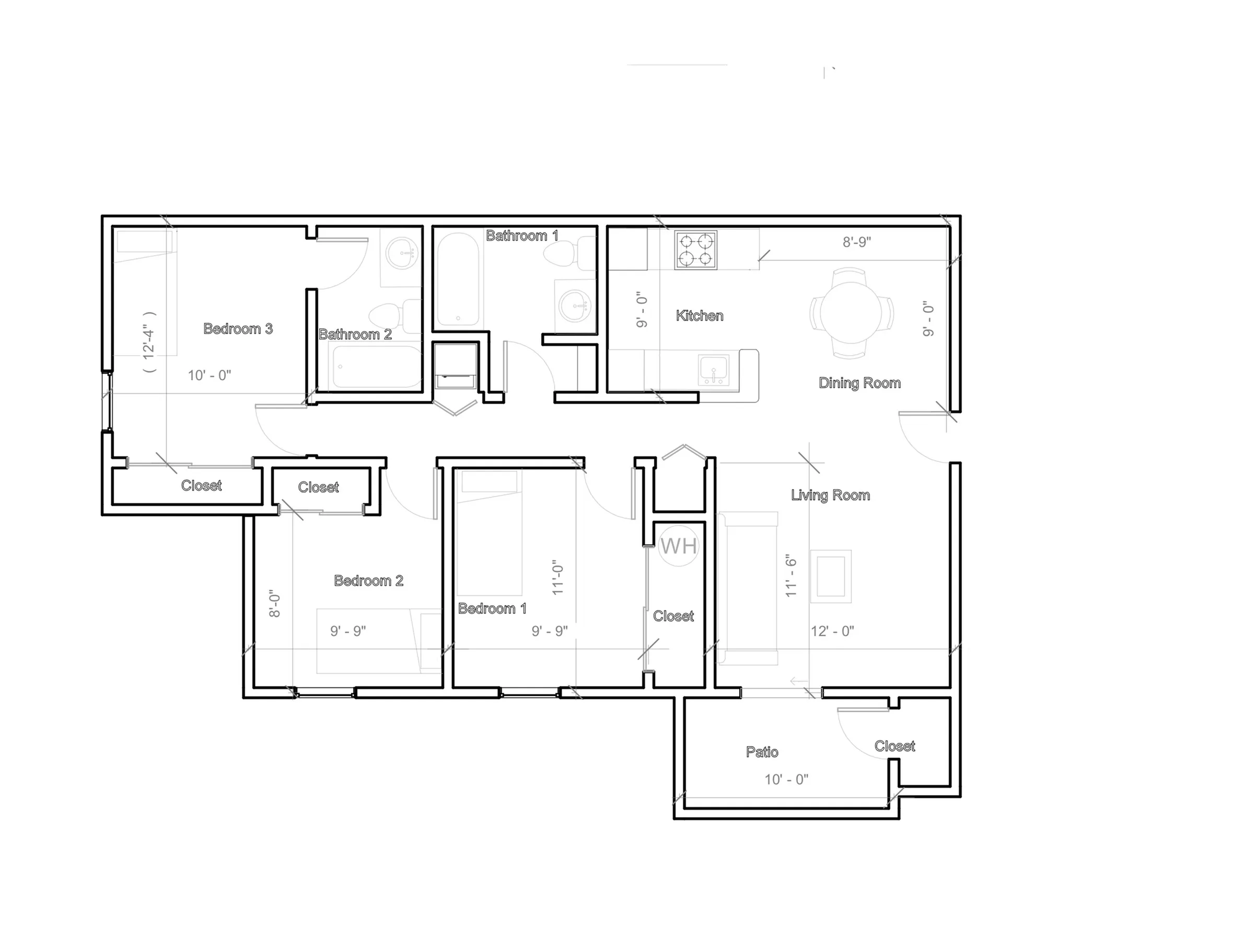 Contemporary floor plan showcasing 3 bedrooms, 2 bathrooms, with an open-concept kitchen and dining area, spacious living room, and private patio.