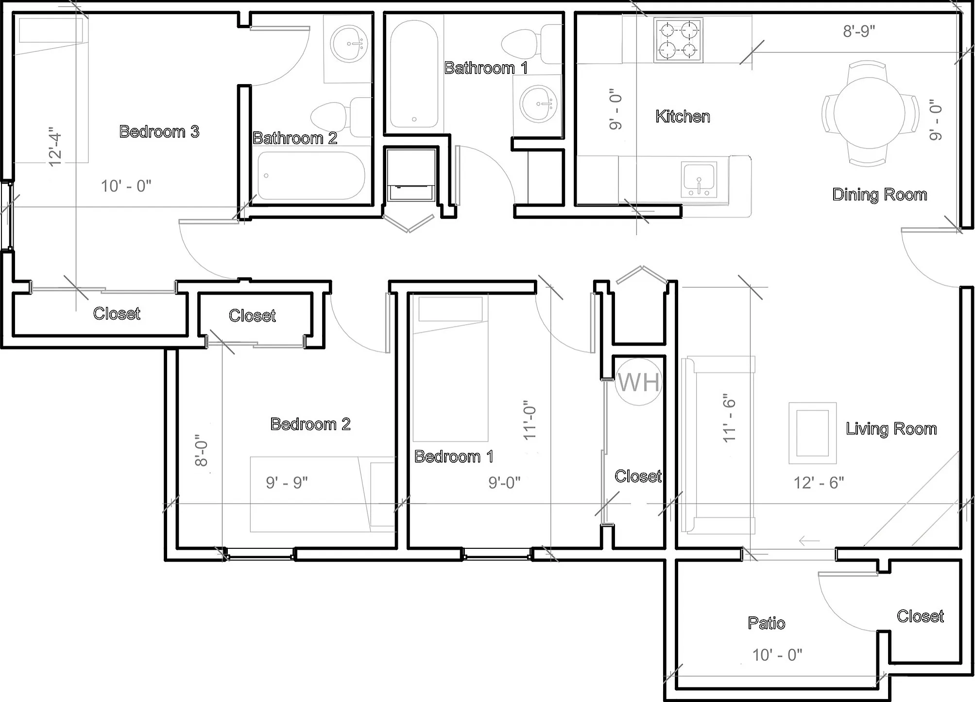 Inviting floor plan showcasing 3 bedrooms, modern kitchen, and a spacious living room connected to a patio.