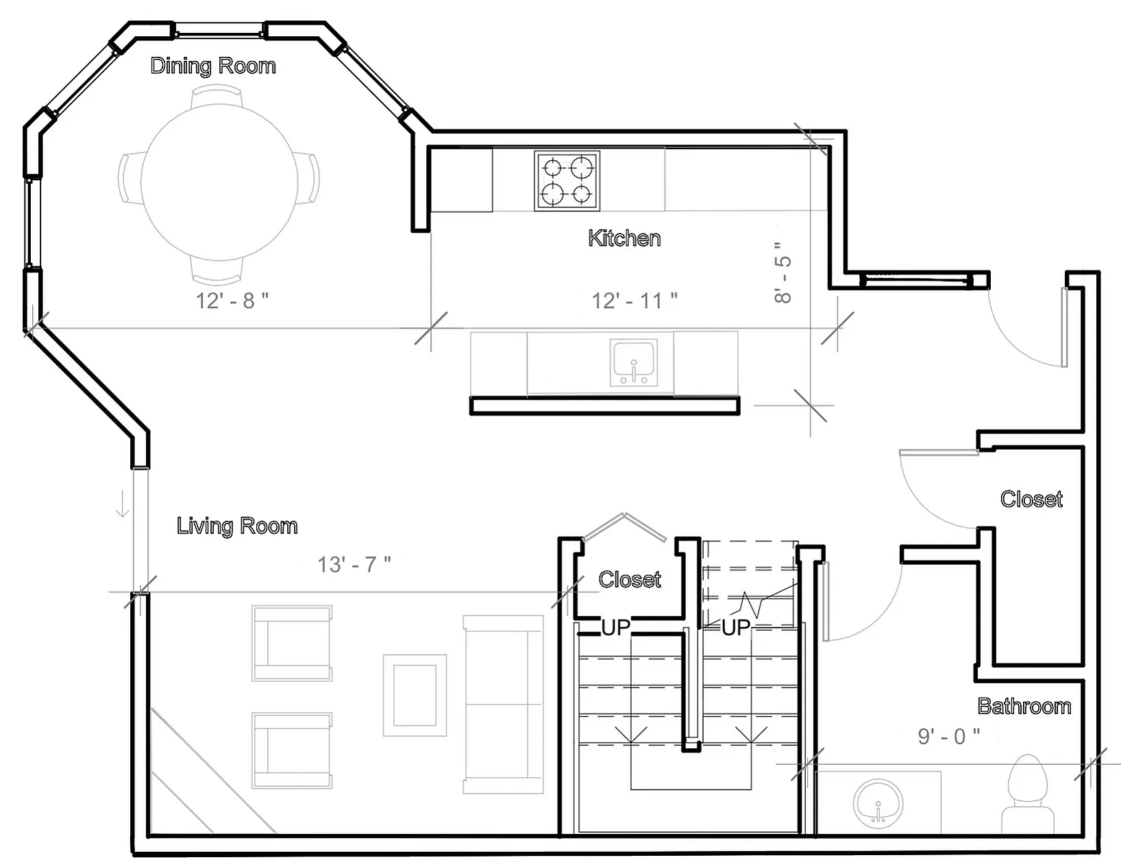 Chic floor plan showcasing open dining and kitchen areas, spacious living room, and ample closet space.
