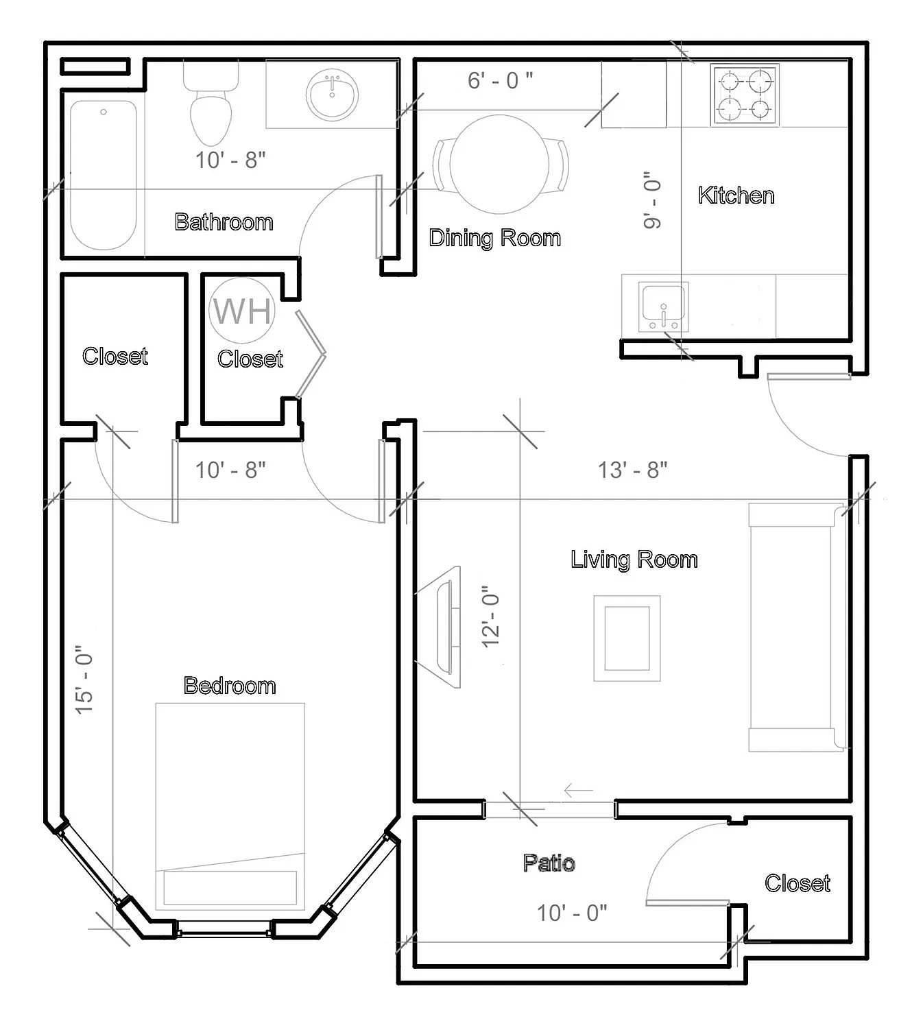 Modern 1-bedroom apartment floor plan with spacious living room, kitchen, dining area, and patio access.