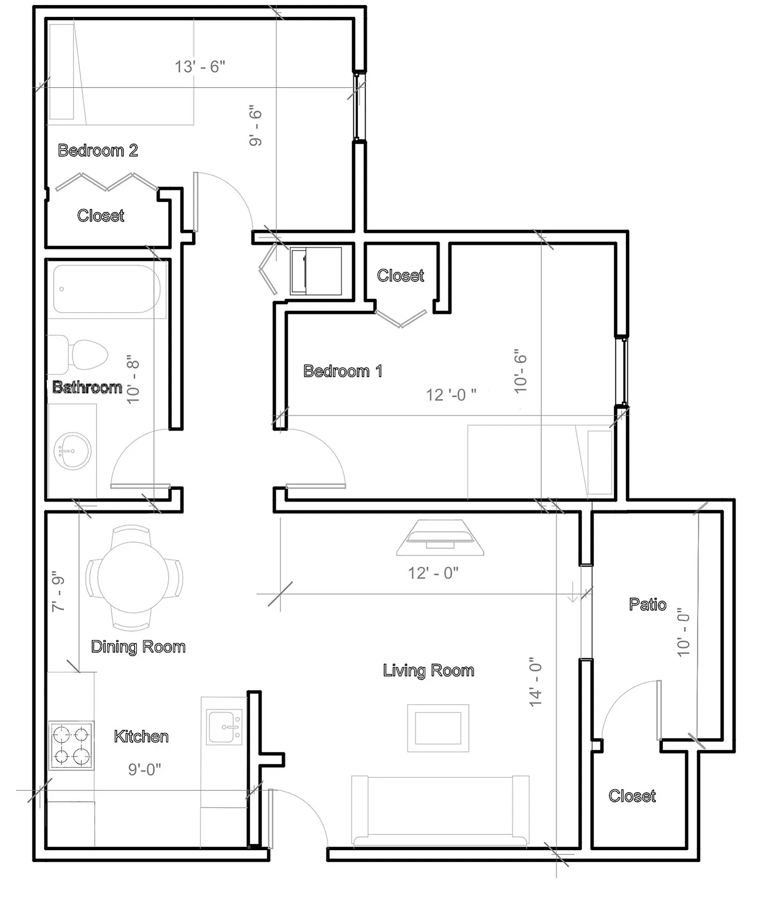 Modern 2D floor plan featuring 2 cozy bedrooms, a stylish living room, dining area, fully-equipped kitchen, patio, and ample closet space.