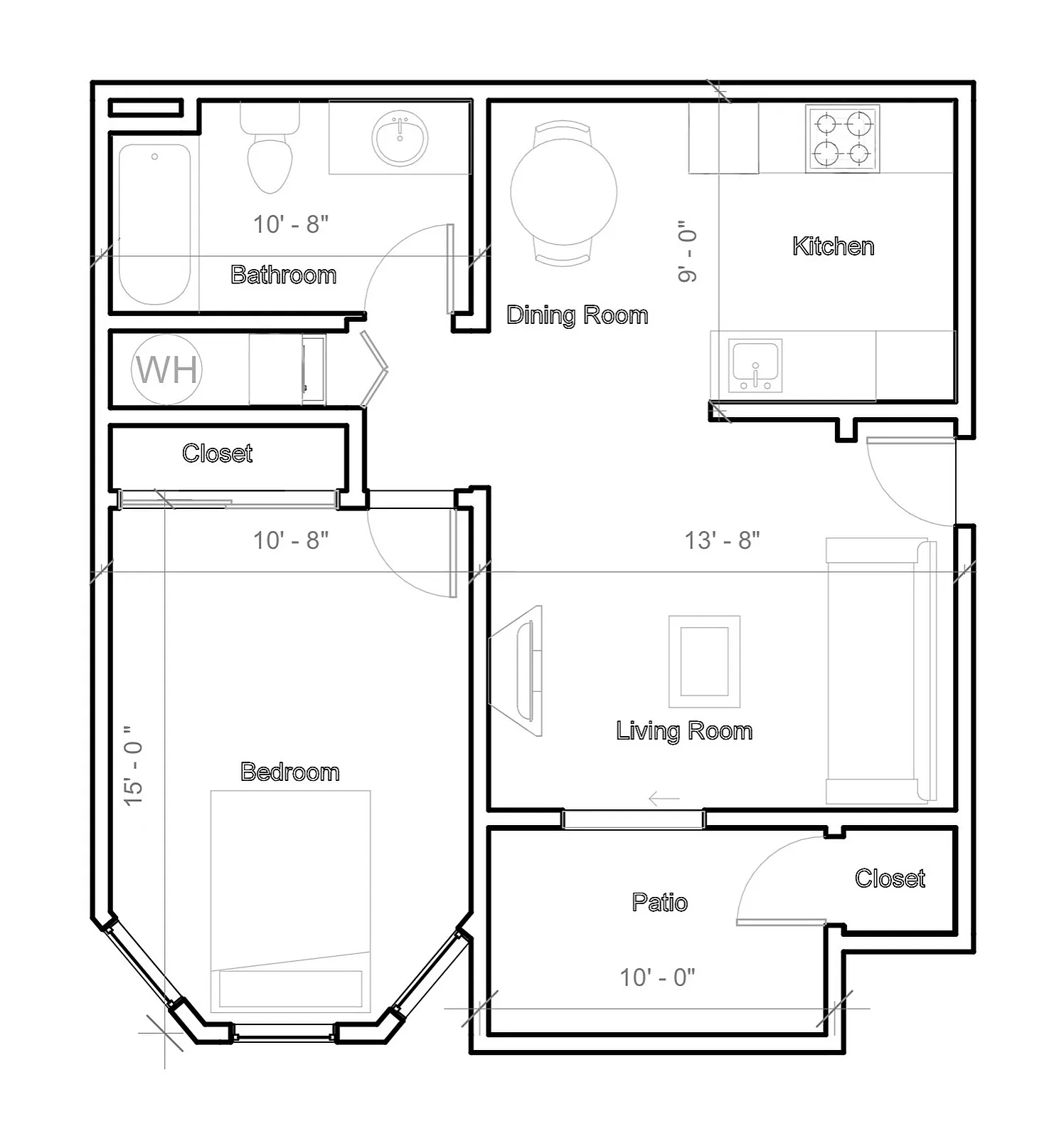 Chic floor plan showcasing a spacious one-bedroom apartment with a modern kitchen, dynamic dining area, inviting living room, and relaxing patio.