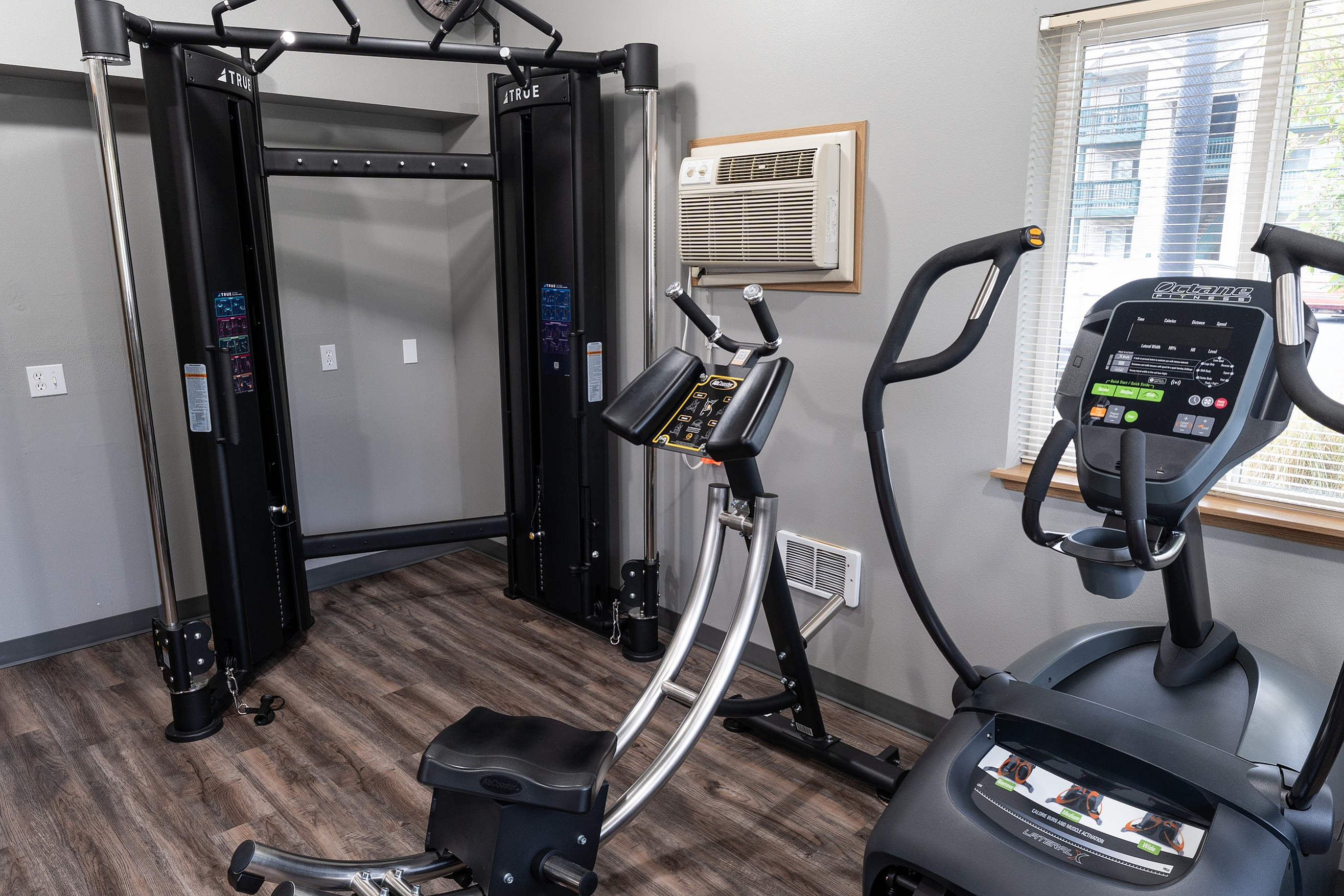 Modern fitness center featuring a state-of-the-art elliptical machine, a multi-use weight station, and a serene atmosphere with natural light.