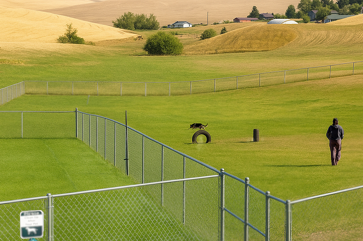 Expansive fenced dog park surrounded by beautiful rolling hills, perfect for outdoor activities and leisure.