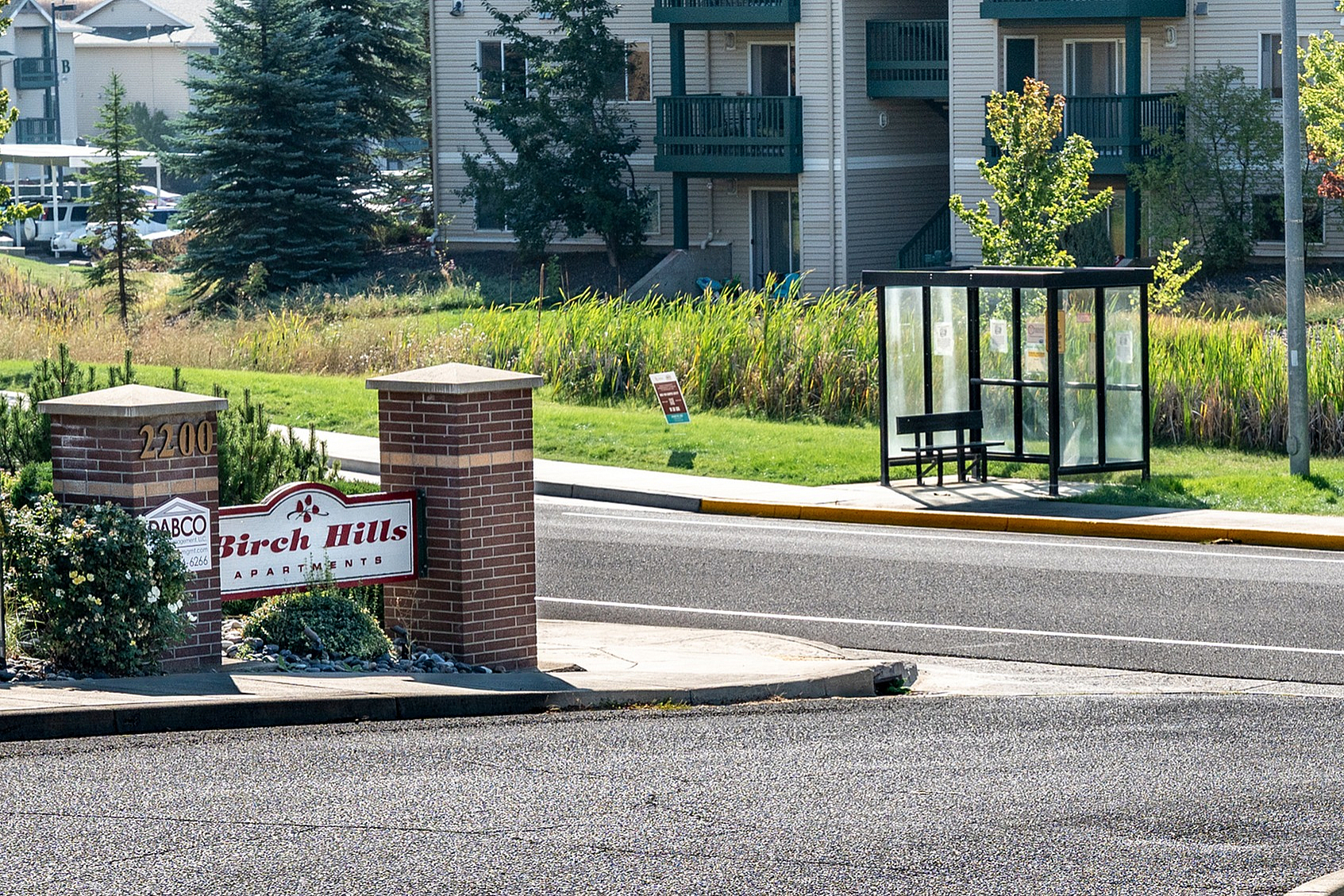 Welcoming entrance to Birch Hills Apartments surrounded by lush greenery and convenient transit options nearby.