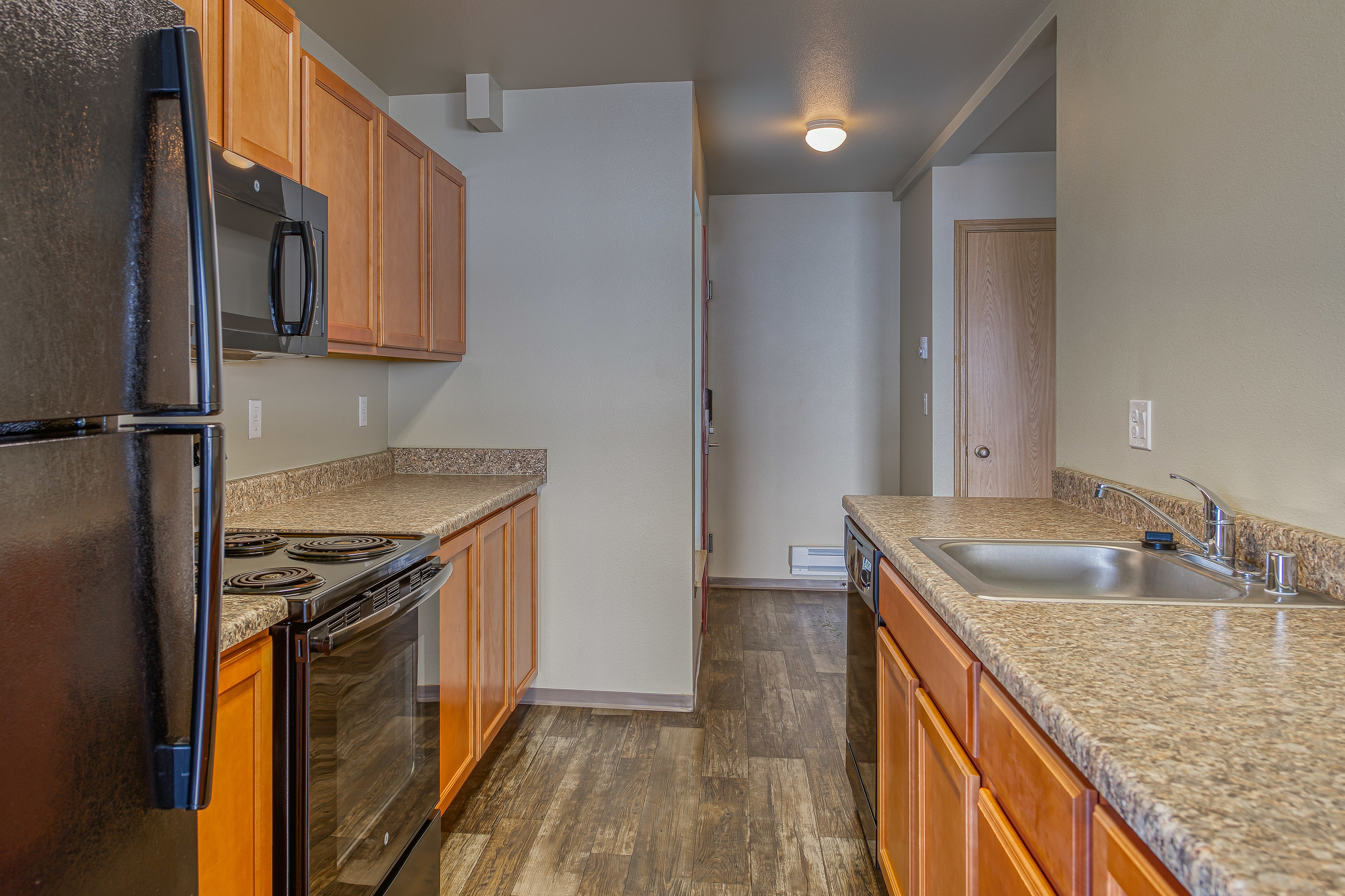 Modern kitchen with sleek black appliances, granite countertops, and warm wooden cabinets, creating a welcoming cooking space.
