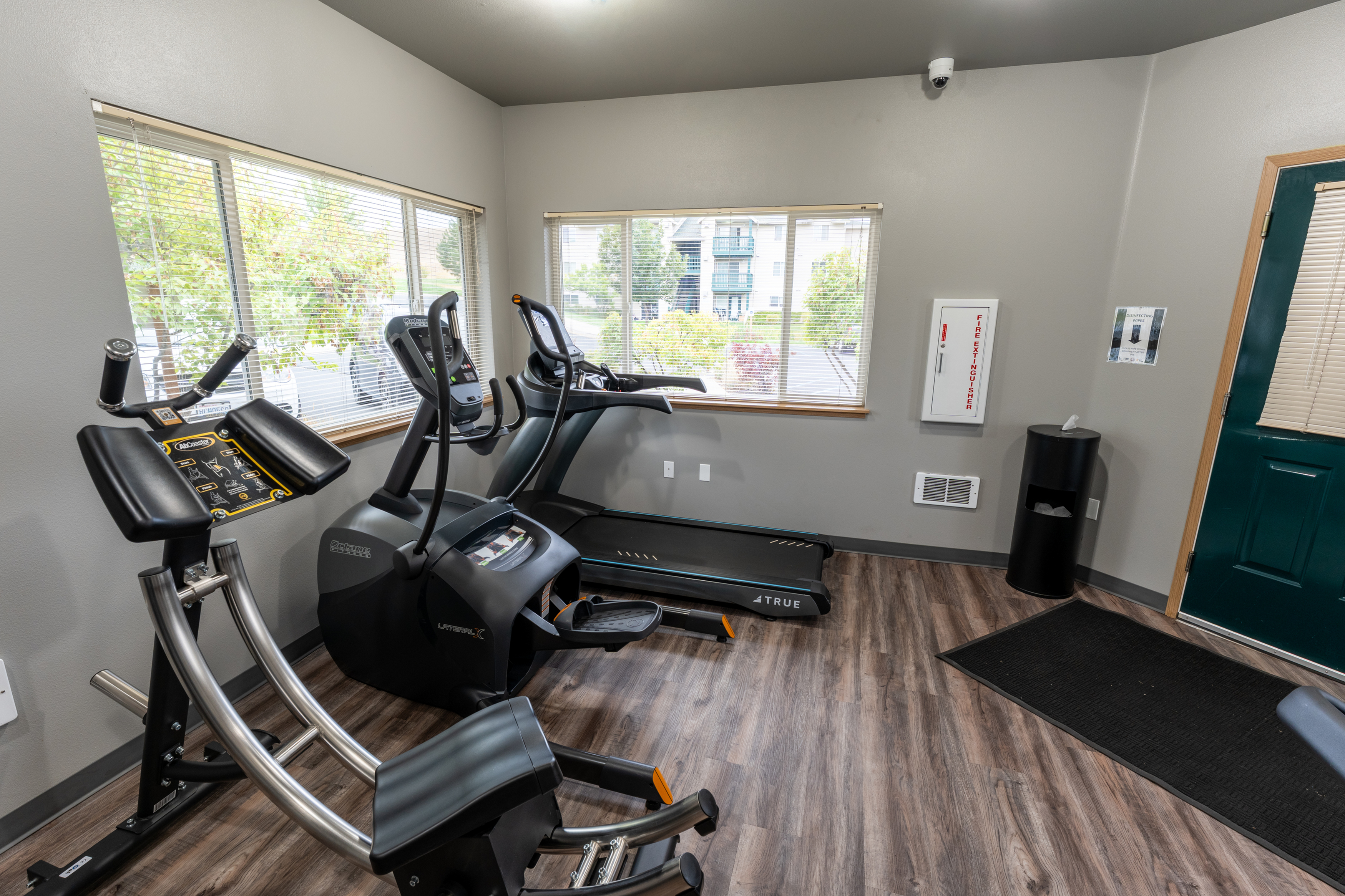 Bright and modern fitness room featuring exercise machines with ample natural light.