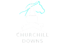Elegant black and white logo of Churchill Downs featuring a stylized steeple and horse illustration, exuding sophistication and tradition.