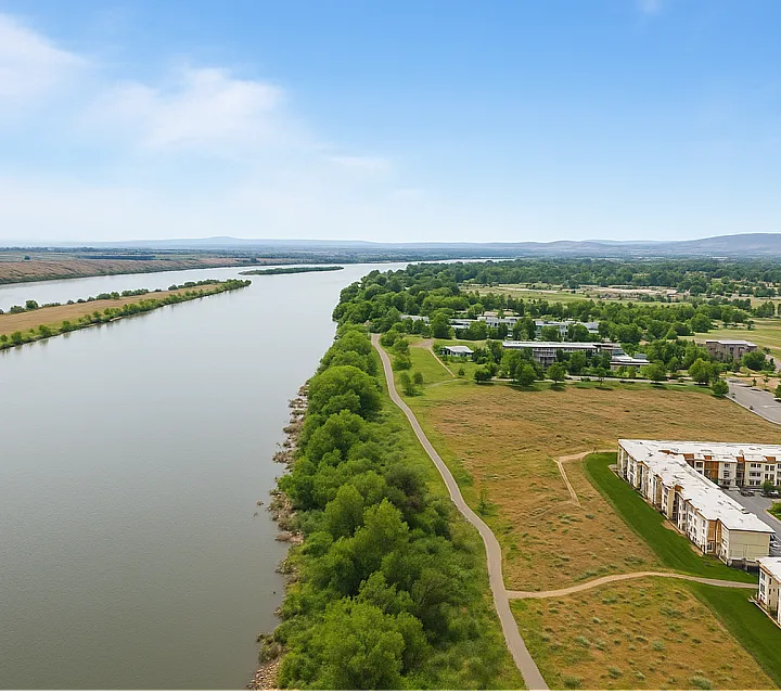 Scenic aerial view of a modern apartment complex nestled by a tranquil river, surrounded by lush greenery and open fields under a bright blue sky.