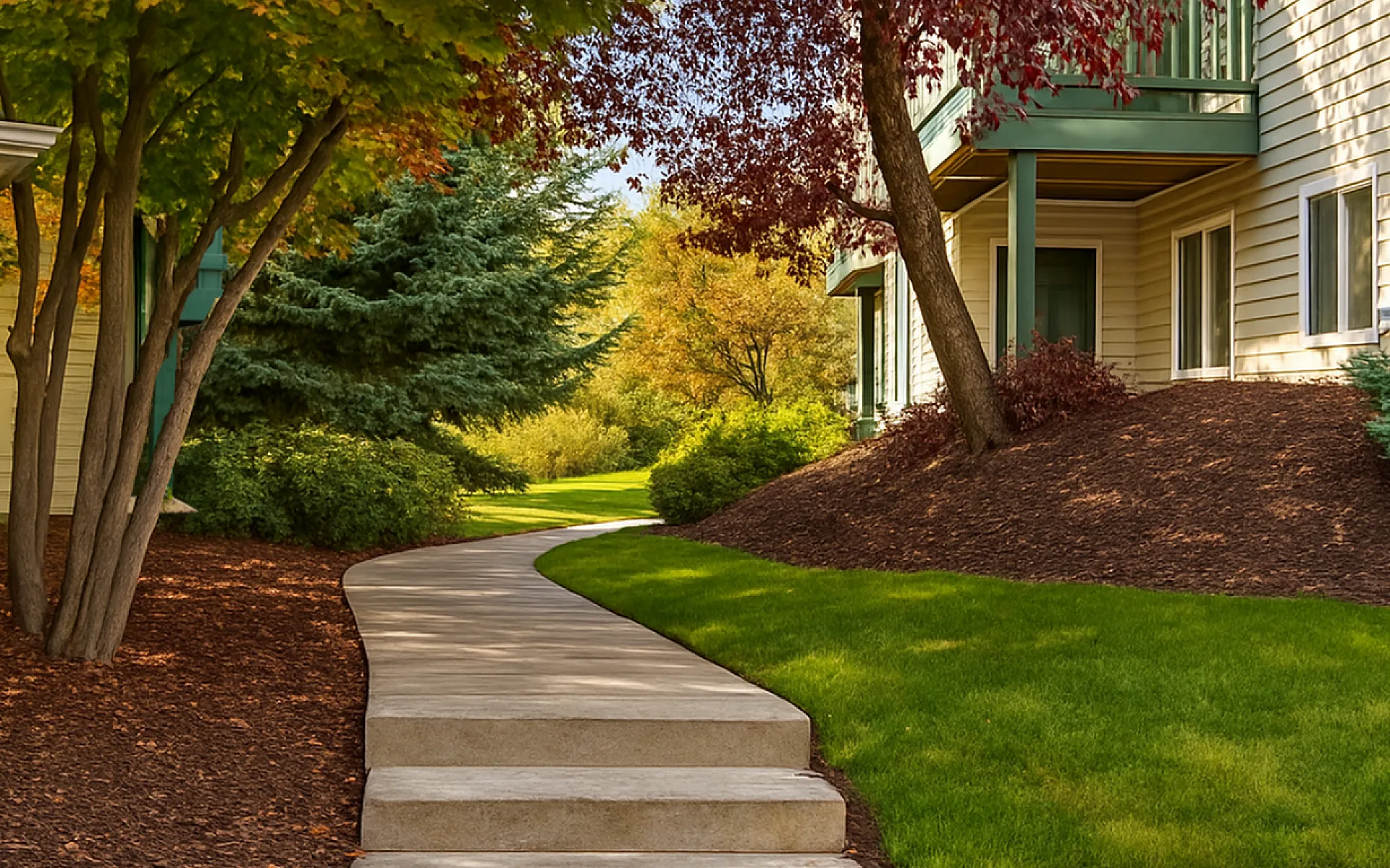 Charming apartment exterior with lush landscaping and a serene concrete pathway surrounded by vibrant autumn foliage.