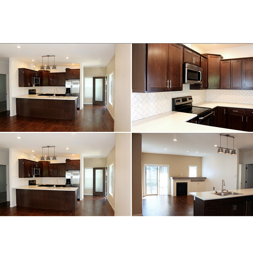 Elegant open-concept kitchen and living area with rich wood flooring, modern cabinetry, and plenty of natural light.