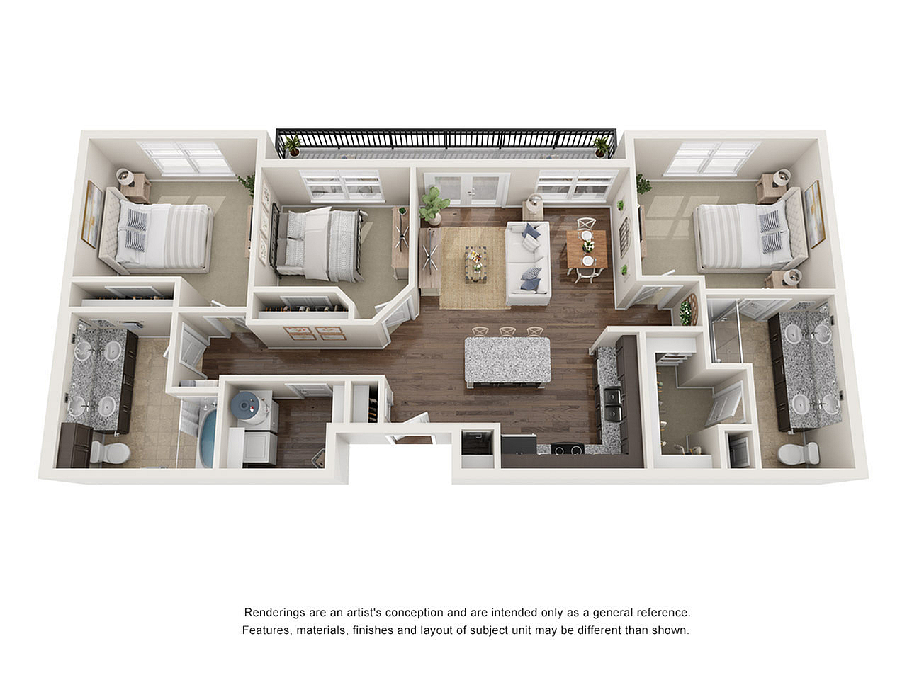 Chic 3D apartment floor plan showcasing 3 bedrooms, an open living and dining area, modern kitchen with island, and dual luxury bathrooms.