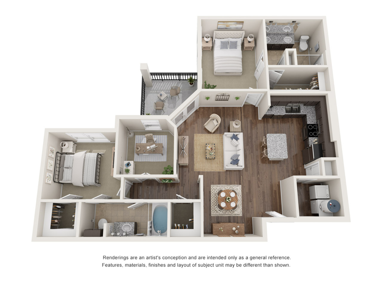 Elegant 3D floor plan showcasing a modern apartment with 2 cozy bedrooms, inviting living area, stylish kitchen, and private balcony.