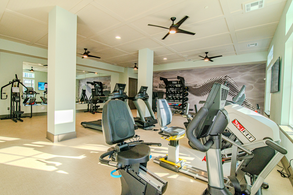 Bright modern gym with state-of-the-art exercise equipment and stylish interiors.