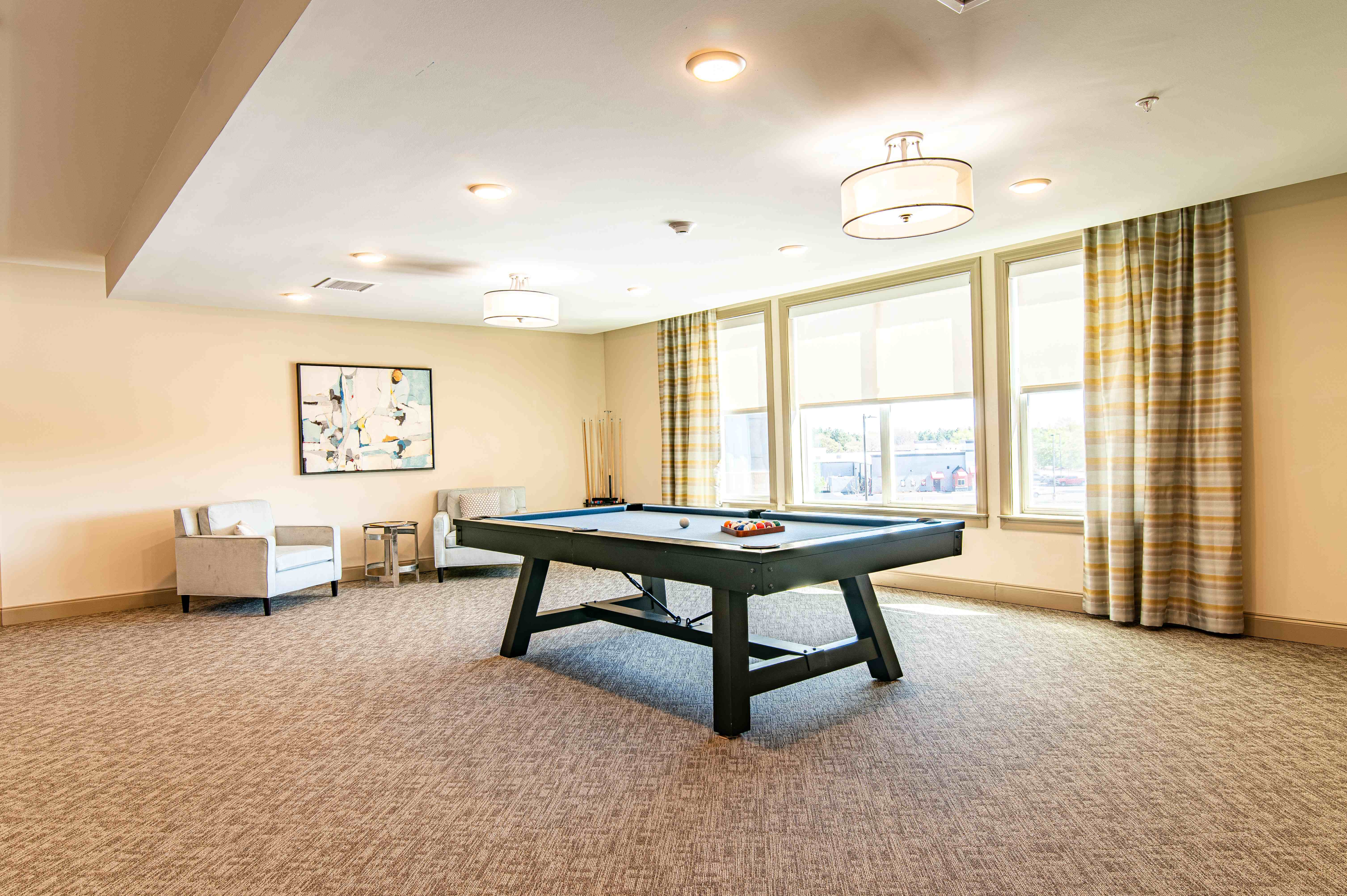 Bright and inviting game room featuring a sleek pool table, cozy seating area, and large windows with checkered curtains.