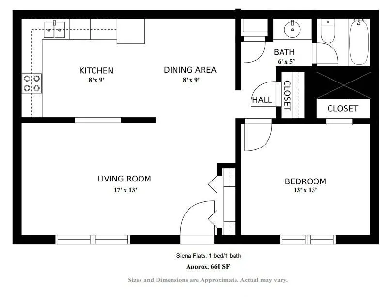 1 bed 660 sqft