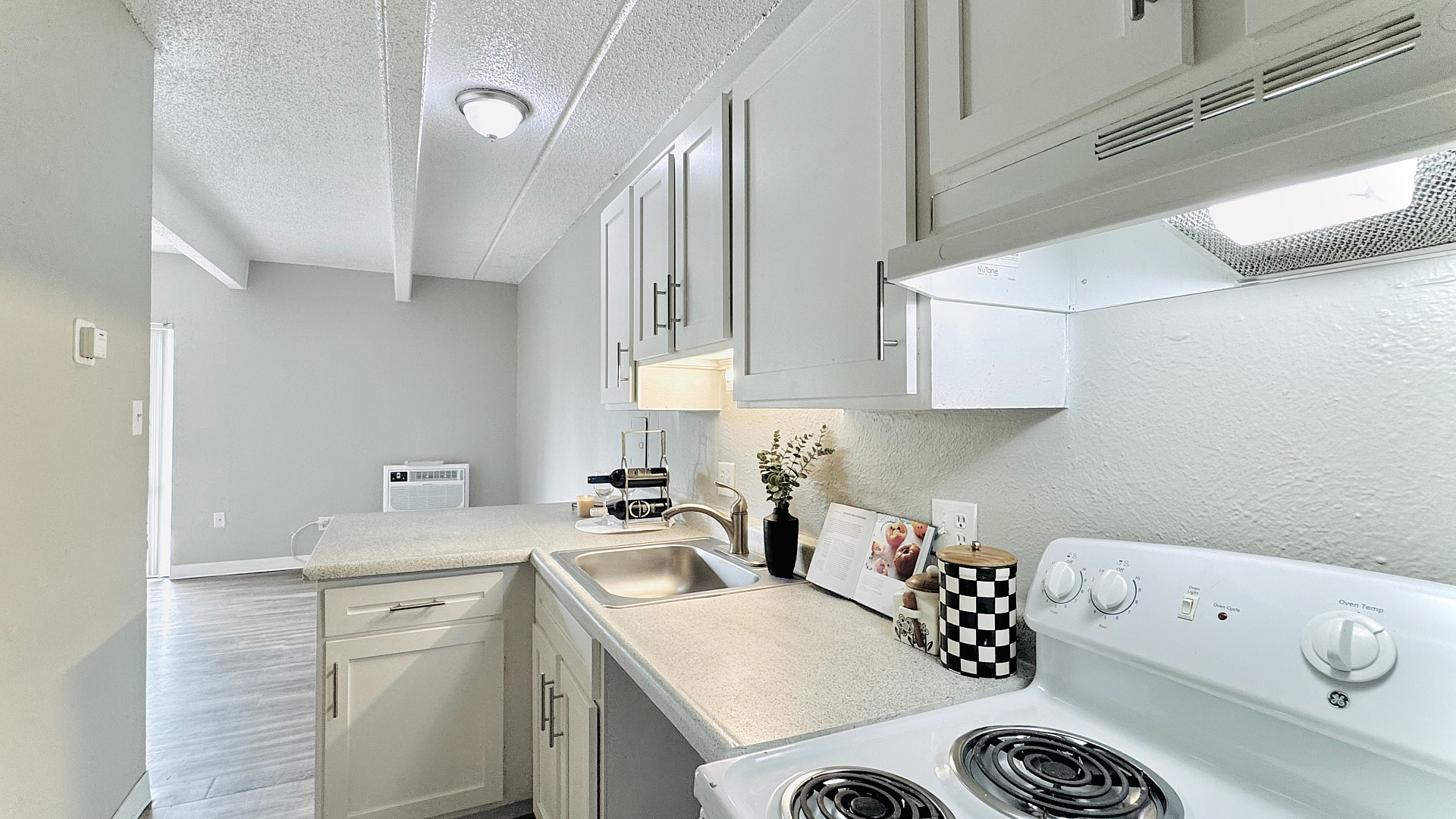 Modern kitchen with sleek cabinetry, bright countertops, and contemporary appliances in a cozy open space.