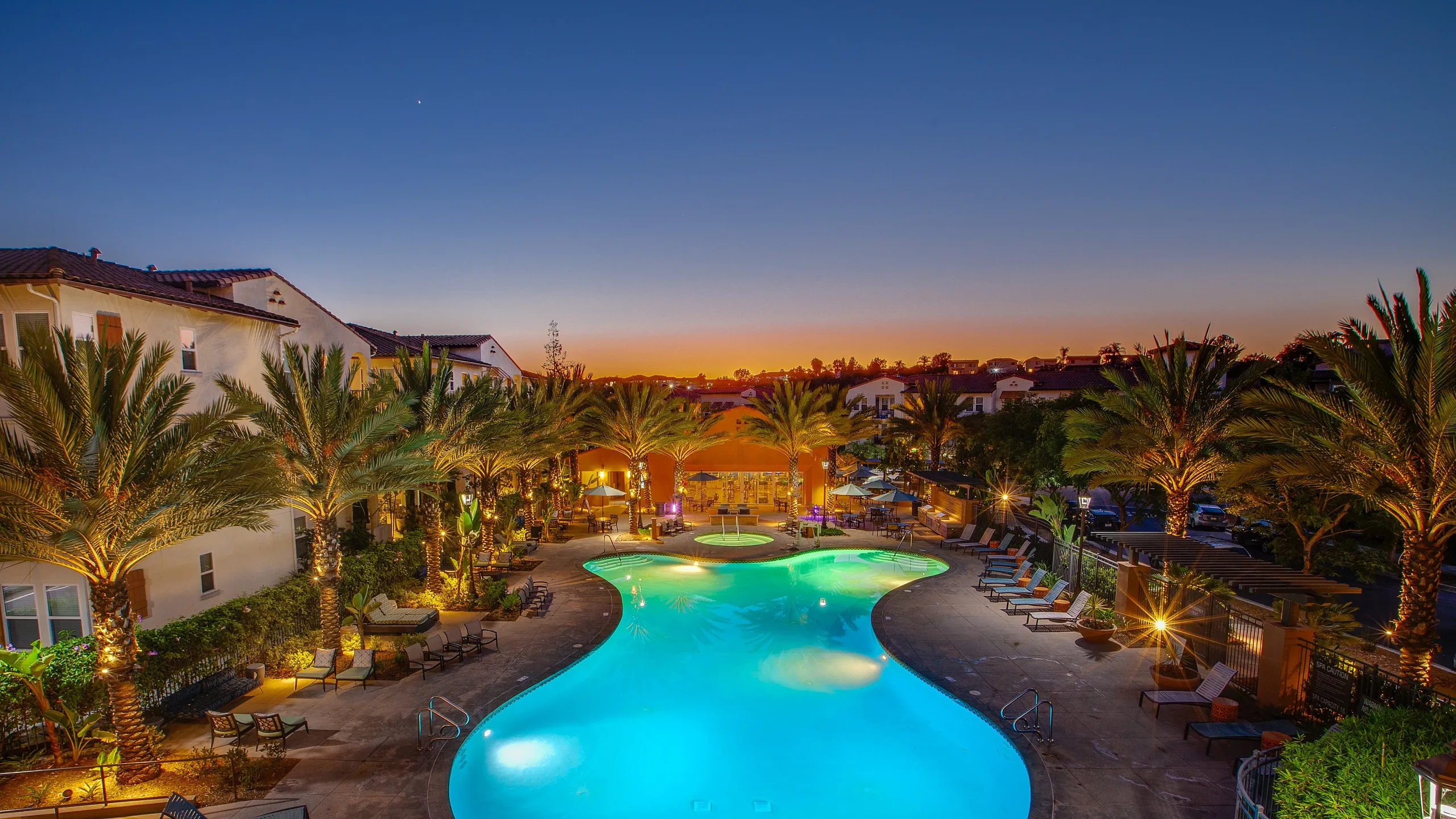 Luxurious evening poolside view with vibrant palm trees and ambient lighting, creating a serene and inviting atmosphere.
