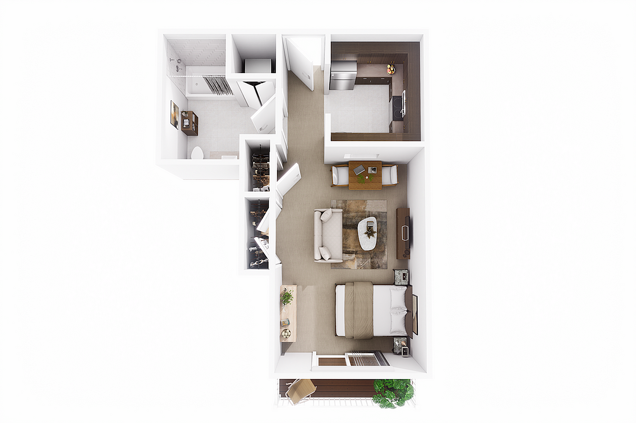Chic studio apartment floor plan featuring an open-concept living and dining area, modern kitchen, and a sleek bathroom.