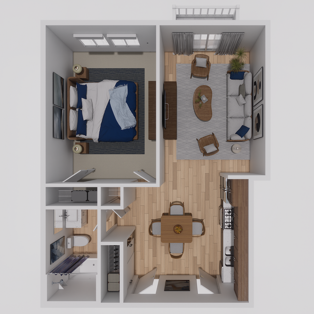 Chic 3D floor plan showcasing a modern layout with one spacious bedroom, an inviting open-concept living and dining area, and a sleek kitchen, ideal for contemporary living.