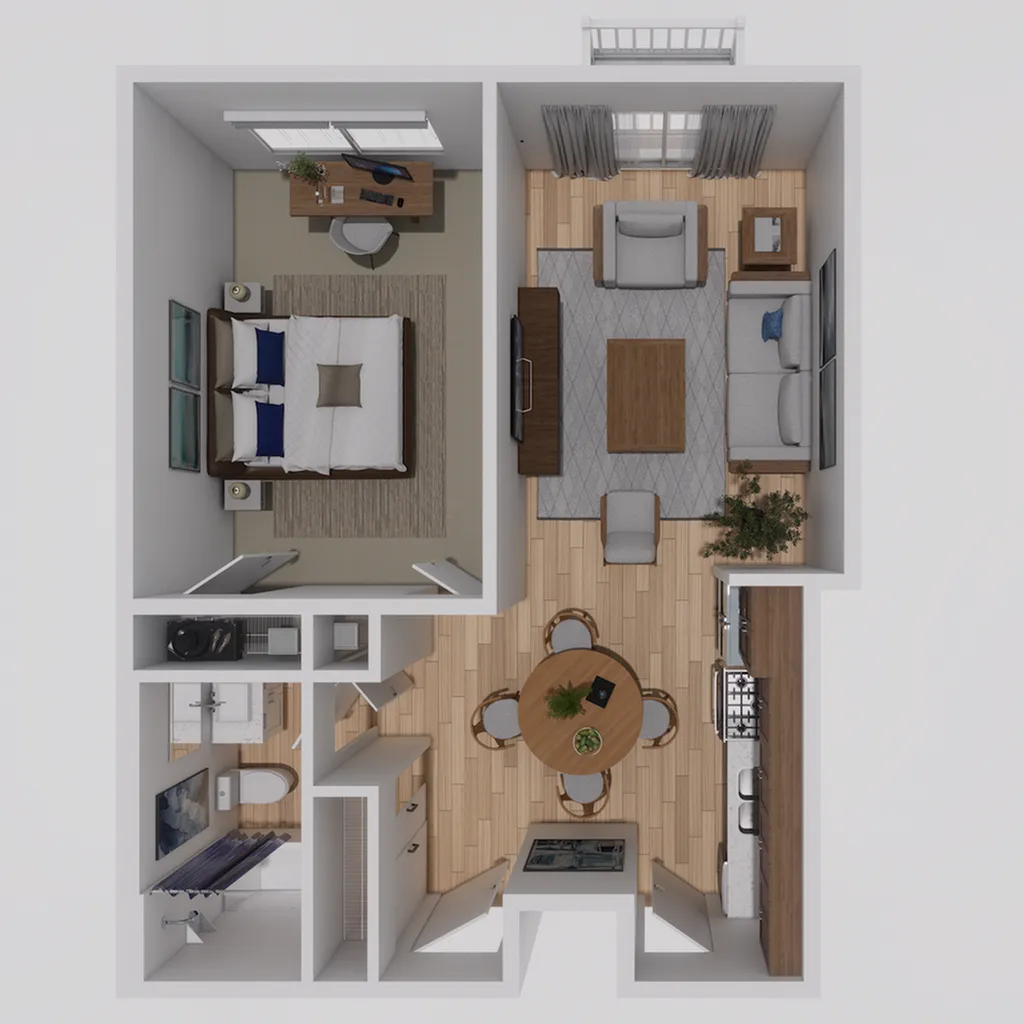 Chic 1-bedroom apartment floor plan featuring a cozy living area, modern kitchen, and elegant dining space.