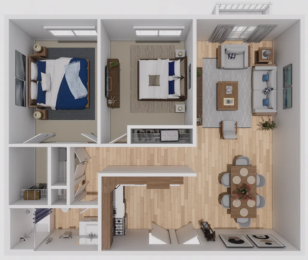 Inviting 3D floor plan highlighting two cozy bedrooms, elegant open-concept living and dining area, plus a stylishly equipped kitchen.