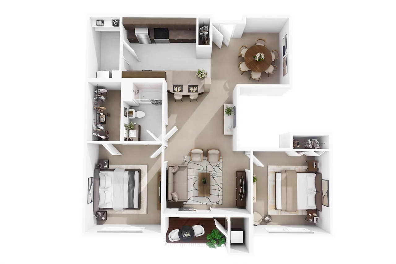 Modern floor plan showcasing two elegant bedrooms, a contemporary open kitchen, stylish living area, and inviting dining space.