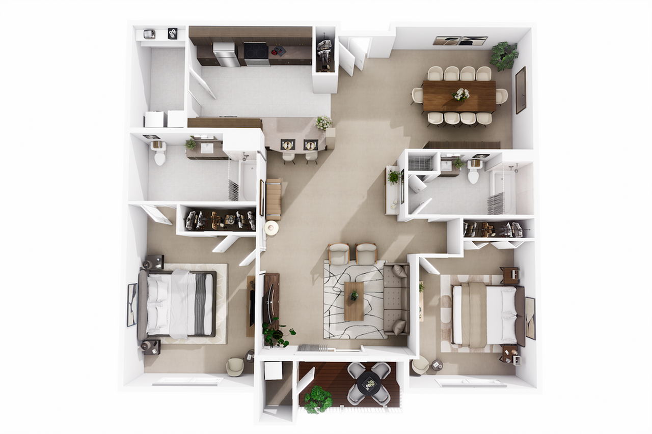 Bright and modern apartment floor plan featuring two bedrooms, an open-concept living and dining area, a sleek kitchen, and two stylish bathrooms.