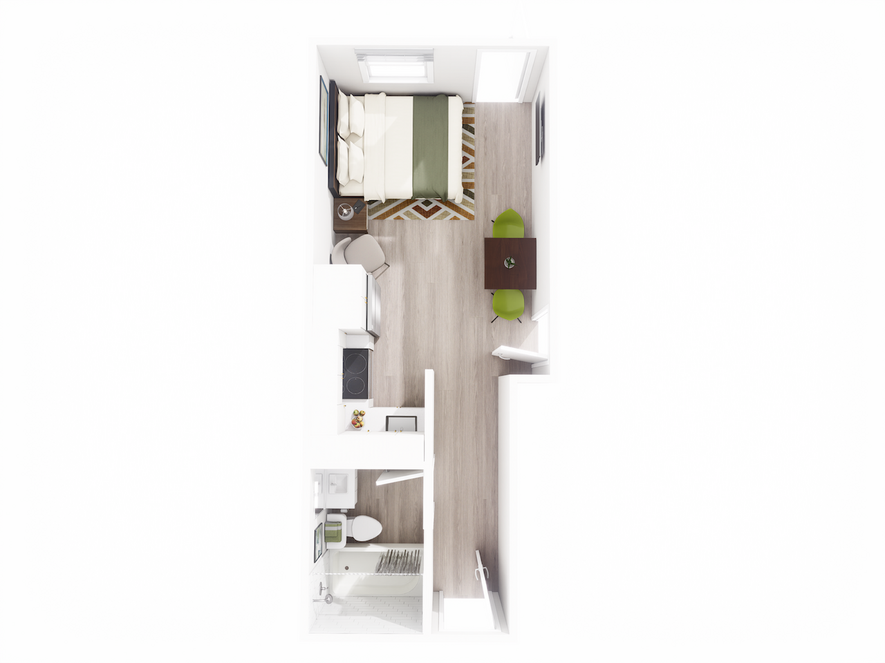 Charming studio apartment floor plan featuring a cozy sleeping area, modern kitchen, compact dining space, and sleek bathroom.