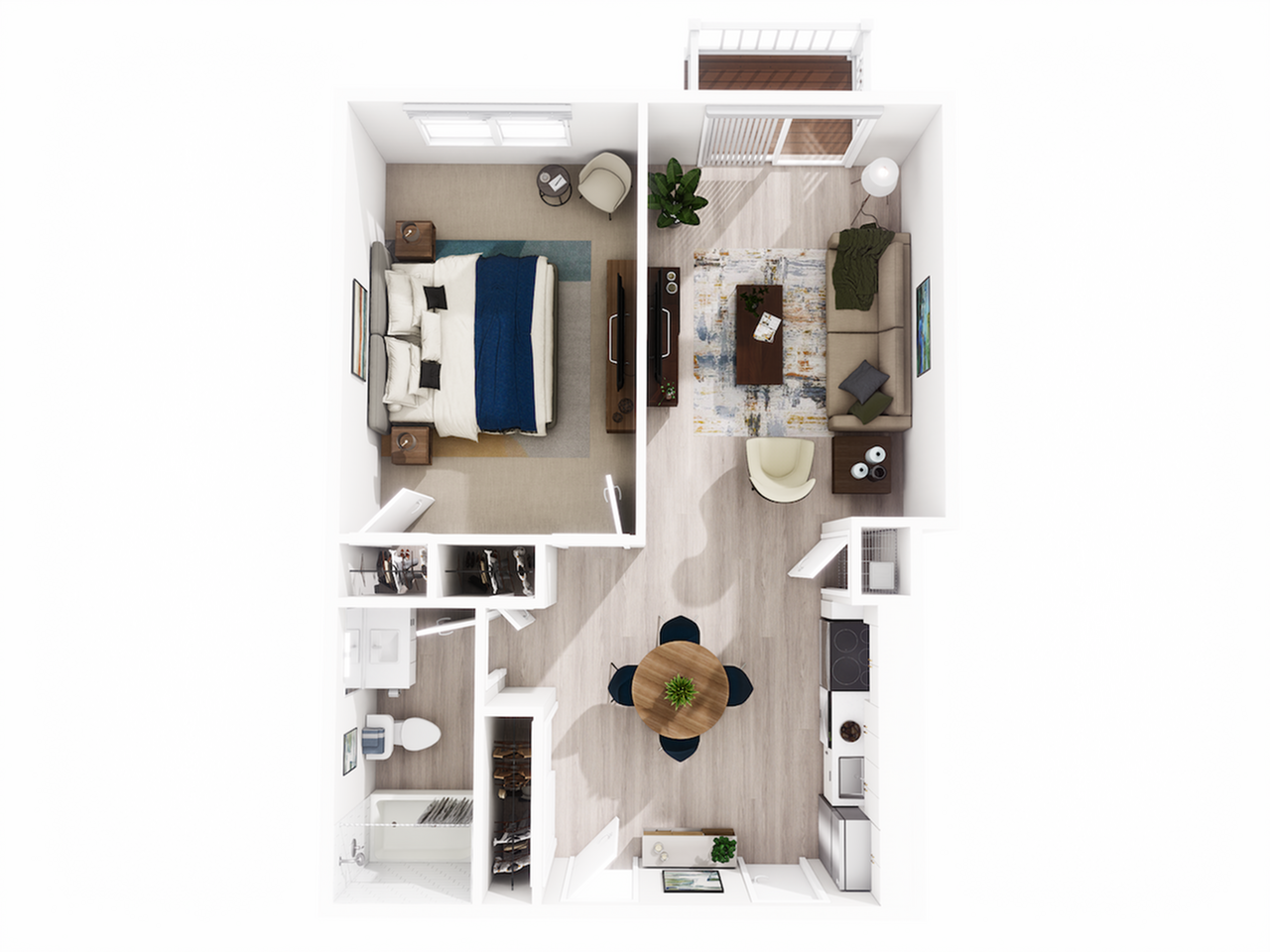 Chic one-bedroom apartment floor plan with an open living area, modern kitchen, and cozy balcony. Stylish interior with elegant hardwood flooring and ample natural light.