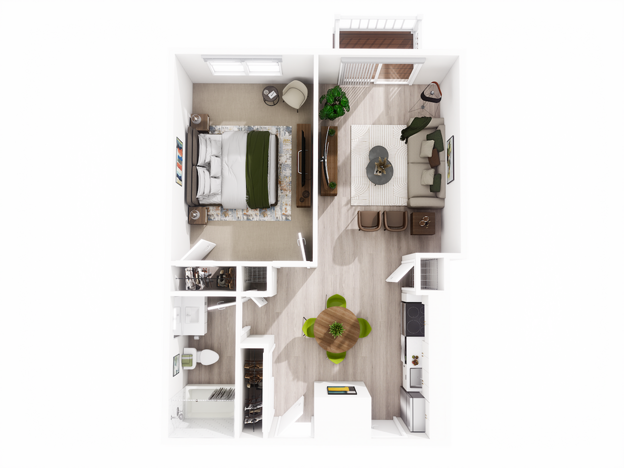Elegant 3D floor plan showcasing a cozy one-bedroom apartment with a stylish living area, modern kitchen, and compact bathroom.