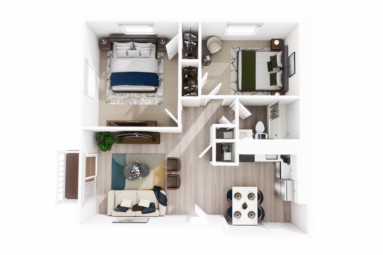 Modern 3D floor plan showcasing a beautiful apartment with two stylish bedrooms, a cozy living area, and a contemporary kitchen, all featuring elegant design and ample natural light.