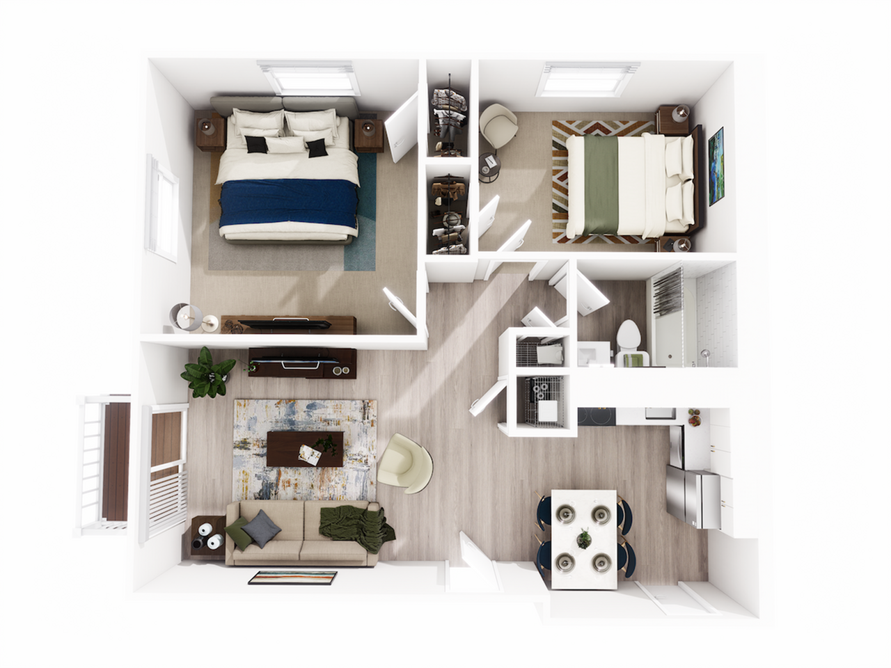 Modern 2D floor plan highlighting 2 cozy bedrooms, a stylish open-concept living area, elegant kitchen, and a bright dining space.