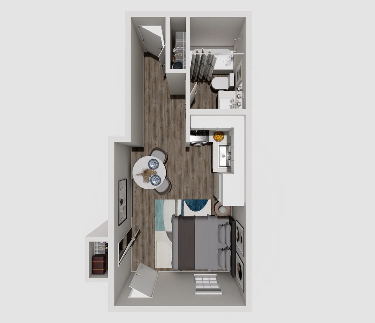 Contemporary studio apartment floor plan, featuring an open-concept layout with a modern kitchen, cozy dining area, stylish bedroom space, and a compact bathroom.