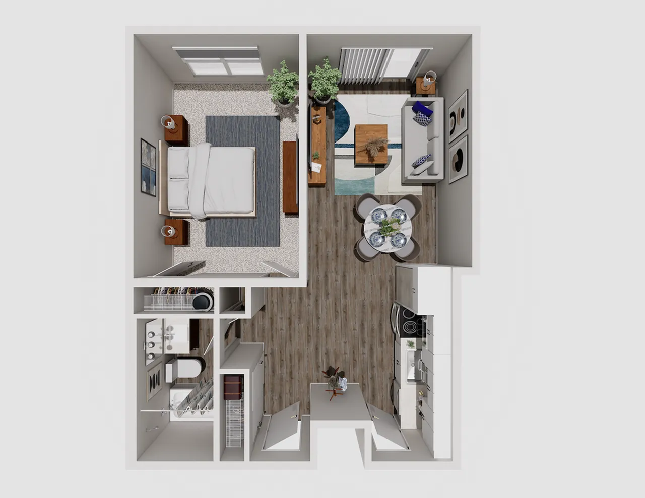 Contemporary 3D floor plan showcasing a cozy one-bedroom apartment with a modern open-concept living area and stylish kitchen.