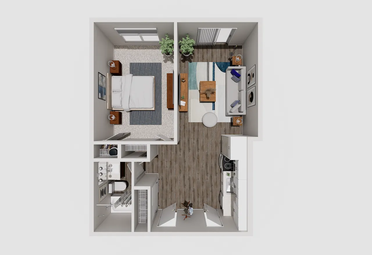 Chic and modern 1-bedroom apartment floor plan with an open-concept living room and stylish kitchen, featuring elegant wood flooring and cozy bedroom design.
